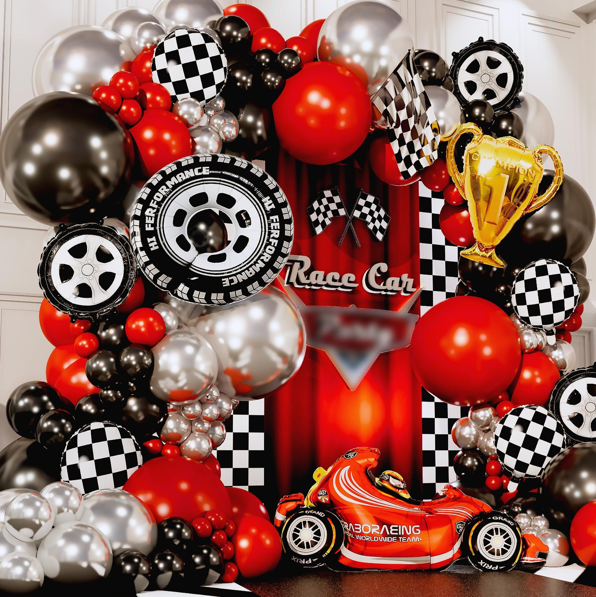 ALL-IN-1 Race Car Balloon Arch Kit with BONUS Trophy & RaceCar - Cars Balloon Garland Kit for Race Car Theme Birthday Party Supplies & Hot Wheels