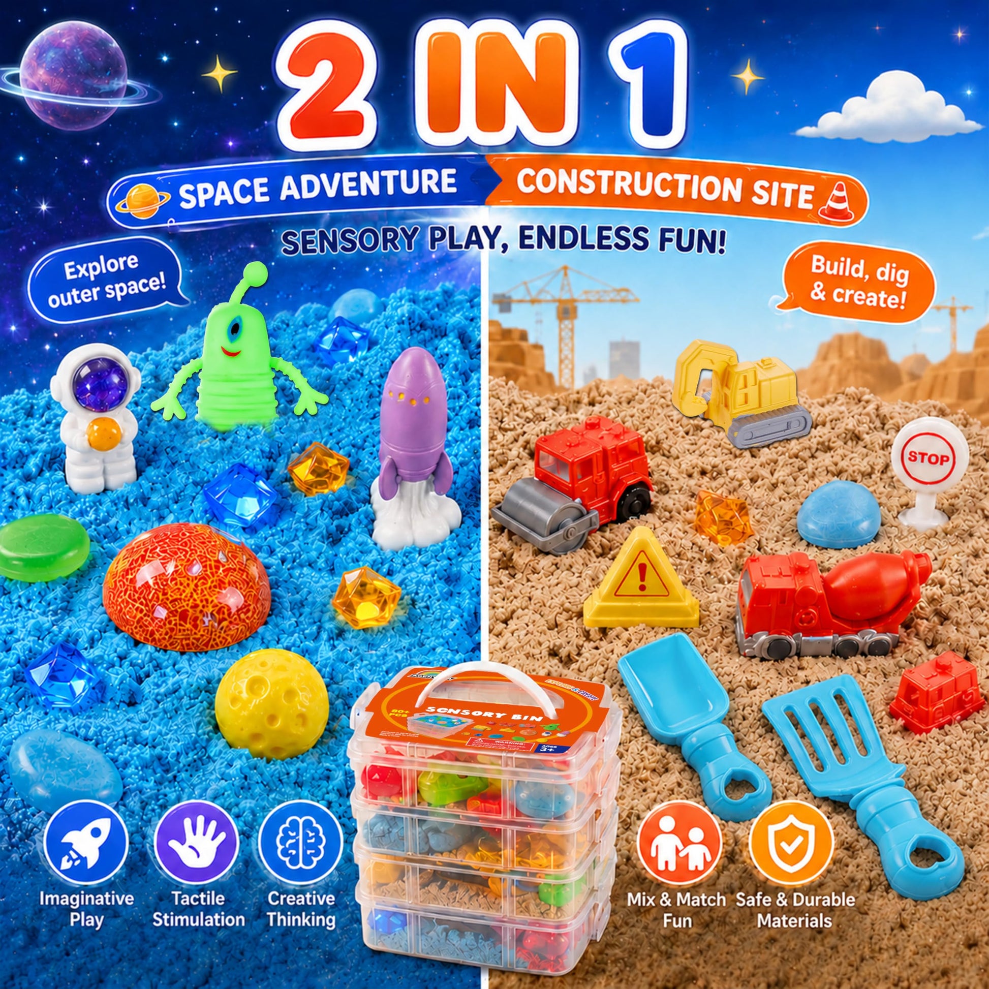 AGENTLAN Stackable Sensory Bin, Construction & Space Sensory Sand Play Set