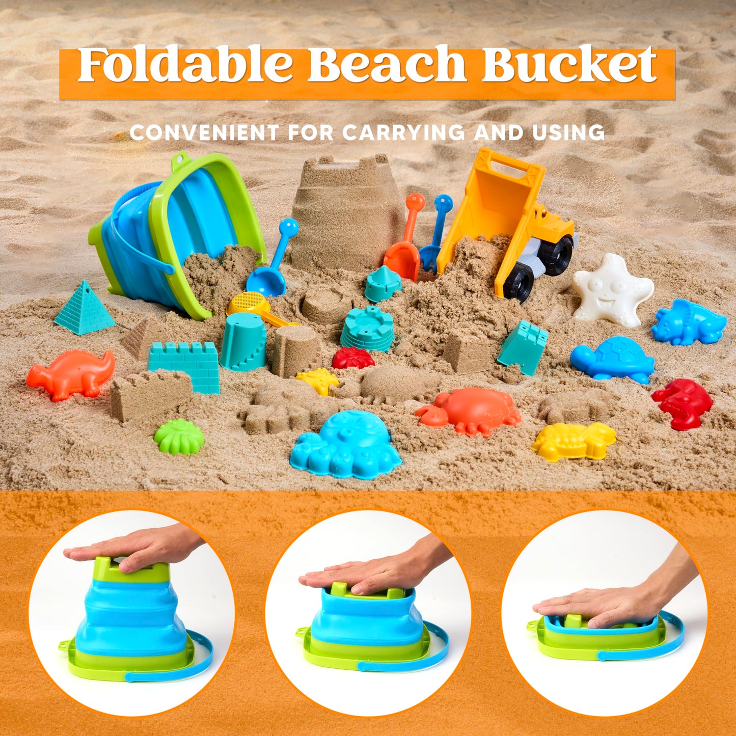 Sloosh Beach Sand Toys Set - Dump Truck Car Toy with Sand Molds for Toddlers Outdoor Play, Collapsible Foldable Buckets Mesh Bag Shovels Castle Animal