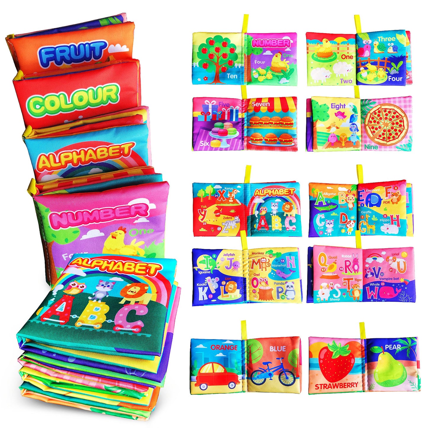 AMINFUN Soft Cloth Baby Books 4 Pack,ABC-Z&1-10&Colour&Fruit,Touch Crinkle Sensory Toys for Newborn Infants Toddler Non-Toxic Early Educational