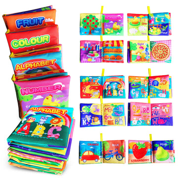 AMINFUN Soft Cloth Baby Books 4 Pack,ABC-Z&1-10&Colour&Fruit,Touch Crinkle Sensory Toys for Newborn Infants Toddler Non-Toxic Early Educational