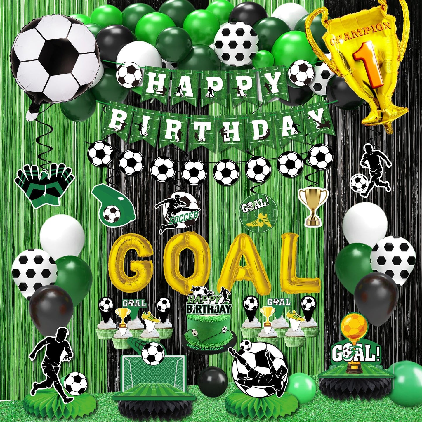 Soccer birthday Party Decorations, Soccer Birthday Party Supplies Kit, Include Sport Themed Birthday banner, Foil Fringe,Hanging Swirls, Soccer