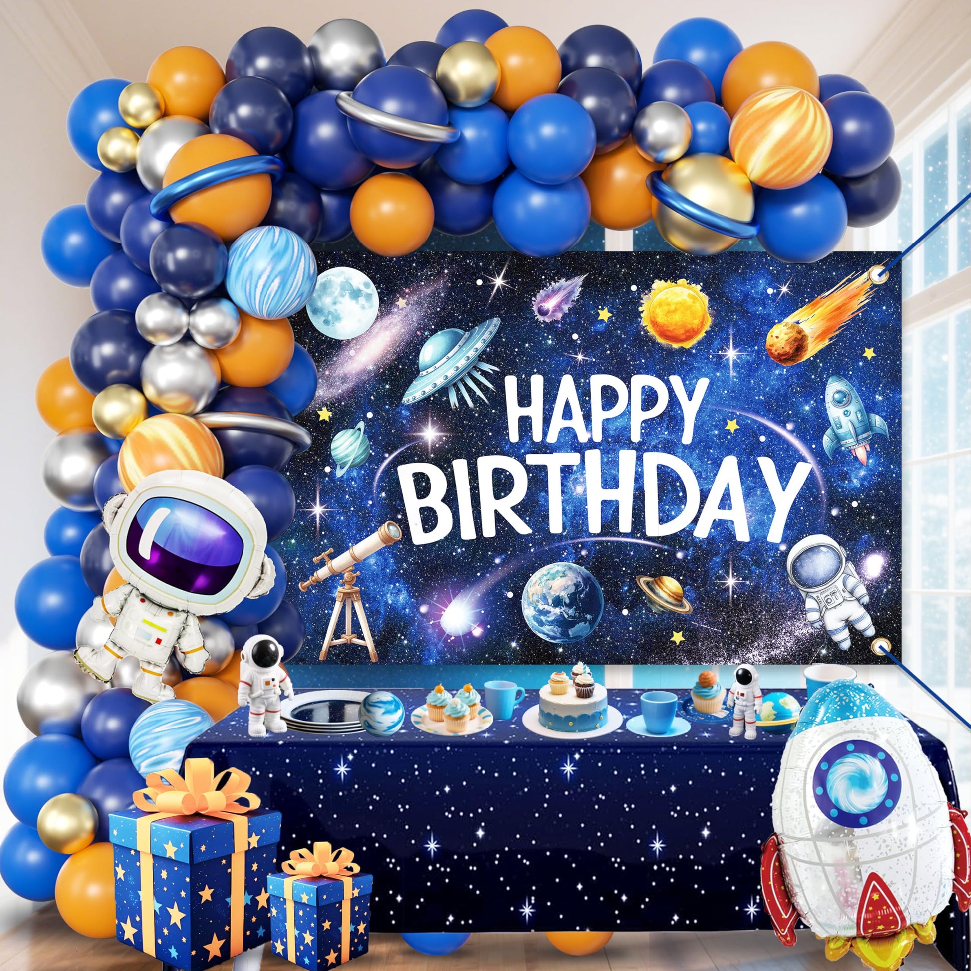Outer Space Birthday Decorations for Boys,Party Decor Supplies Boy Including Happy Birthday Backdrop,Rocket Balloons Astronaut Foil Balloon