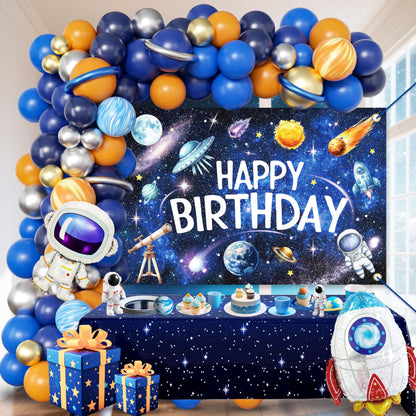 Outer Space Birthday Decorations for Boys,Party Decor Supplies Boy Including Happy Birthday Backdrop,Rocket Balloons Astronaut Foil Balloon