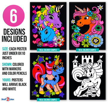 Unicorn Love - 6 Pack of Fuzzy Velvet Coloring Posters for Kids, Toddlers, Girls, and Boys (All Ages Coloring Activity) - Best Arts and Crafts Project