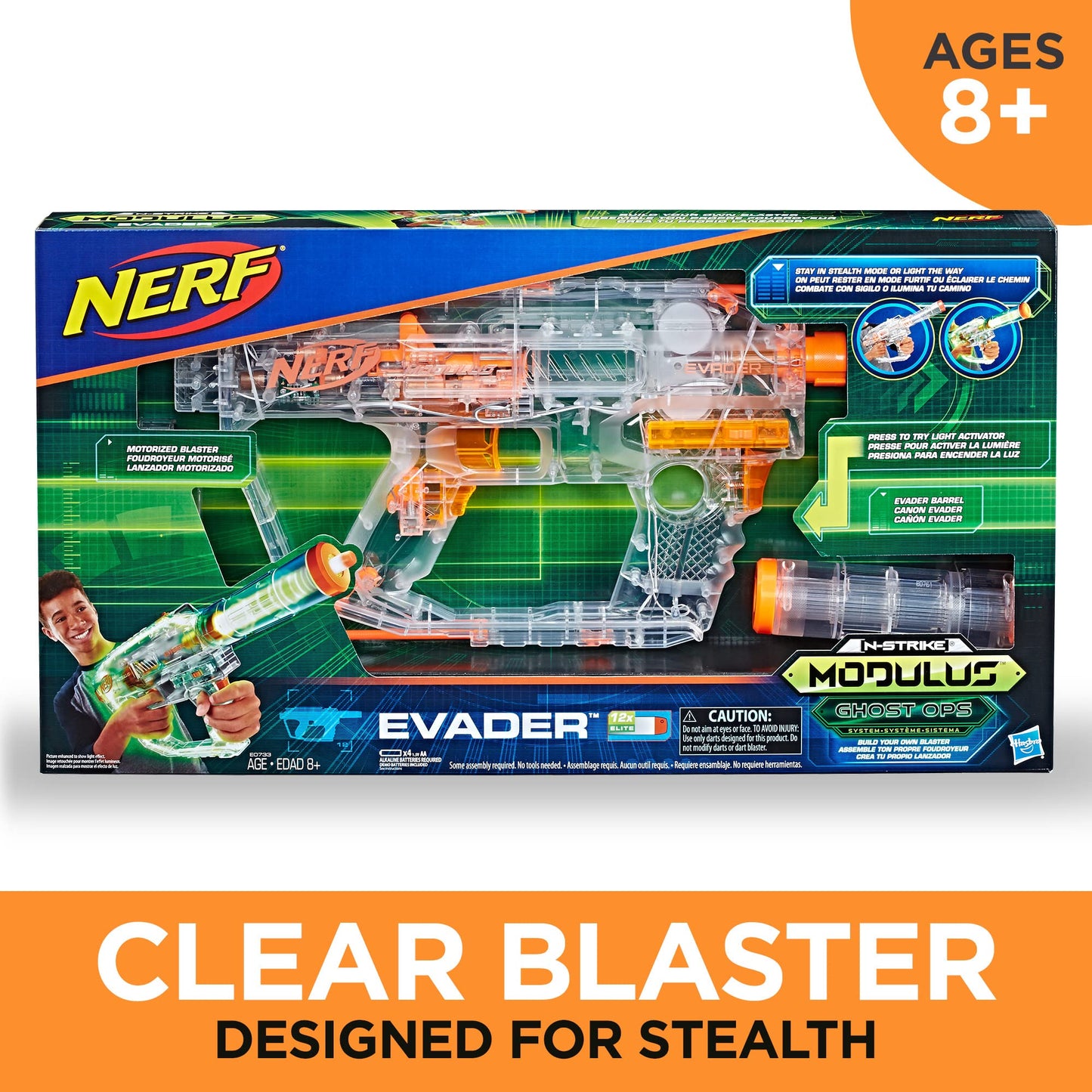 Nerf Modulus Ghost Ops Evader Motorized Blaster - Light-Up See-Through Blaster and Barrel Extension, Includes 12 Official Elite Darts (Amazon