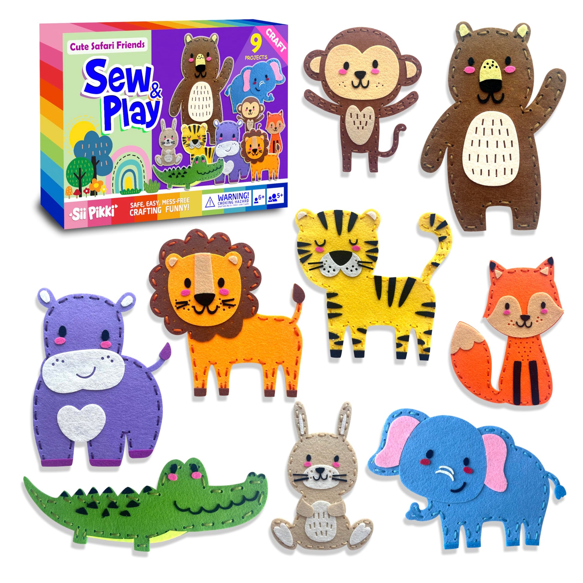 Sii Pikki Sewing Kit for Kids - 9 Easy Projects Cute Safari Animals, Beginner Sewing Kit with Felt & Instructions, Kids Sewing Kit Ages 6-12, Learn