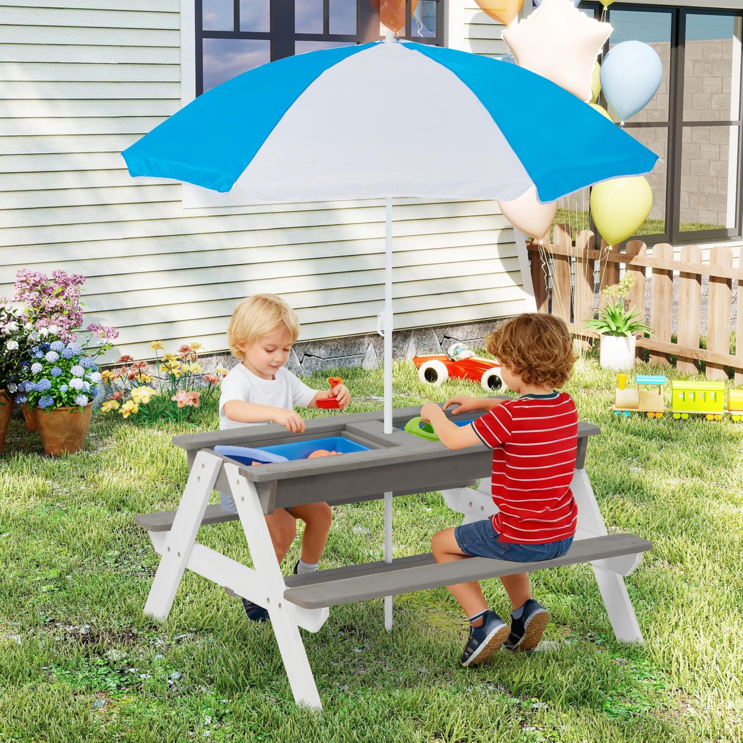 SoliWood Kids Picnic Table with Umbrella, 3-in-1 Outdoor Wooden Convertible Sand & Water Table for Toddlers, Removable Top, Seats 4