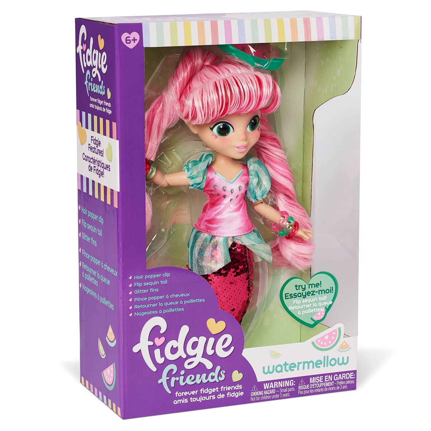 Sunny Days Entertainment Fidgie Friends Watermellow - Mermaid with Flip Sequin Tail | 10.5 Inch Fashion Doll with Fidgets | Sensory Toys for Kids