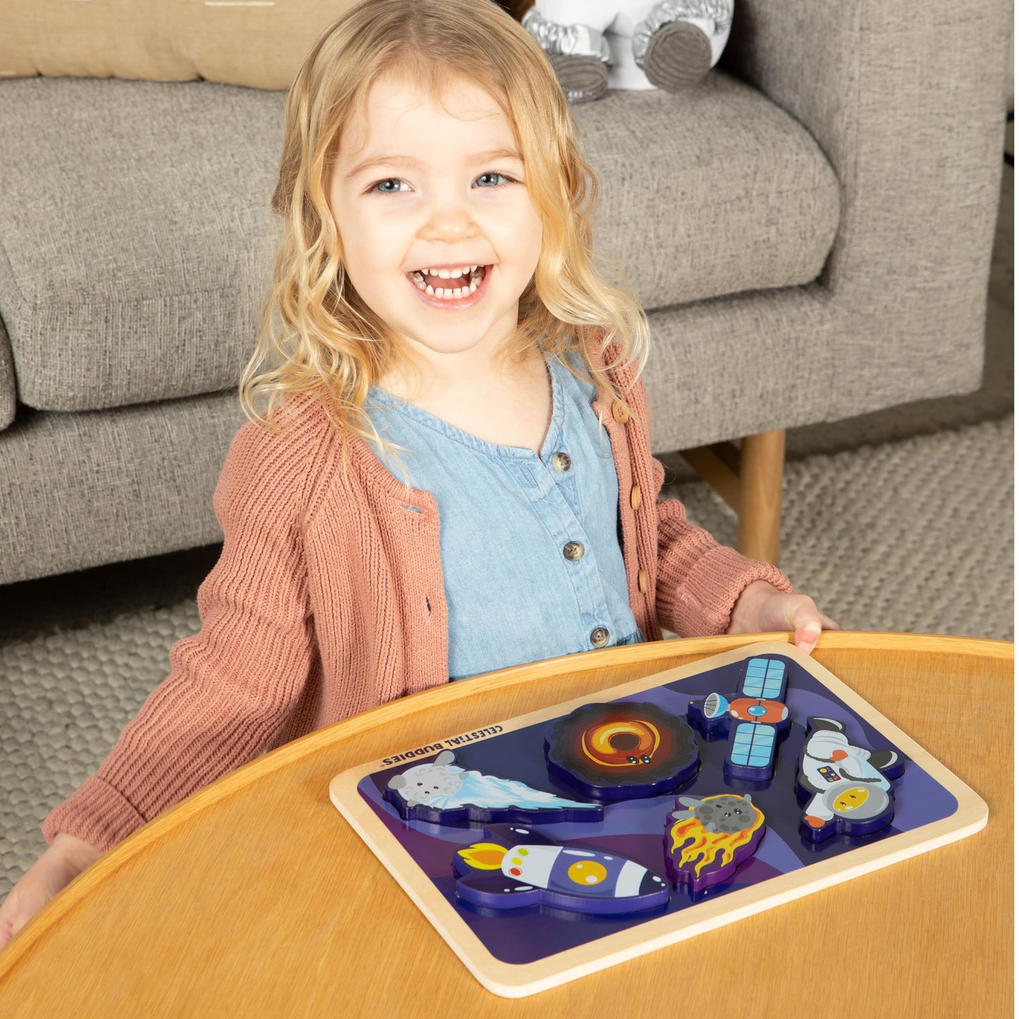 Celestial Buddies Journey into Space - Chunky Wooden Toddler Puzzle, 12x8 Inch Educational Space Puzzle for Early Science & Astronomy Exploration