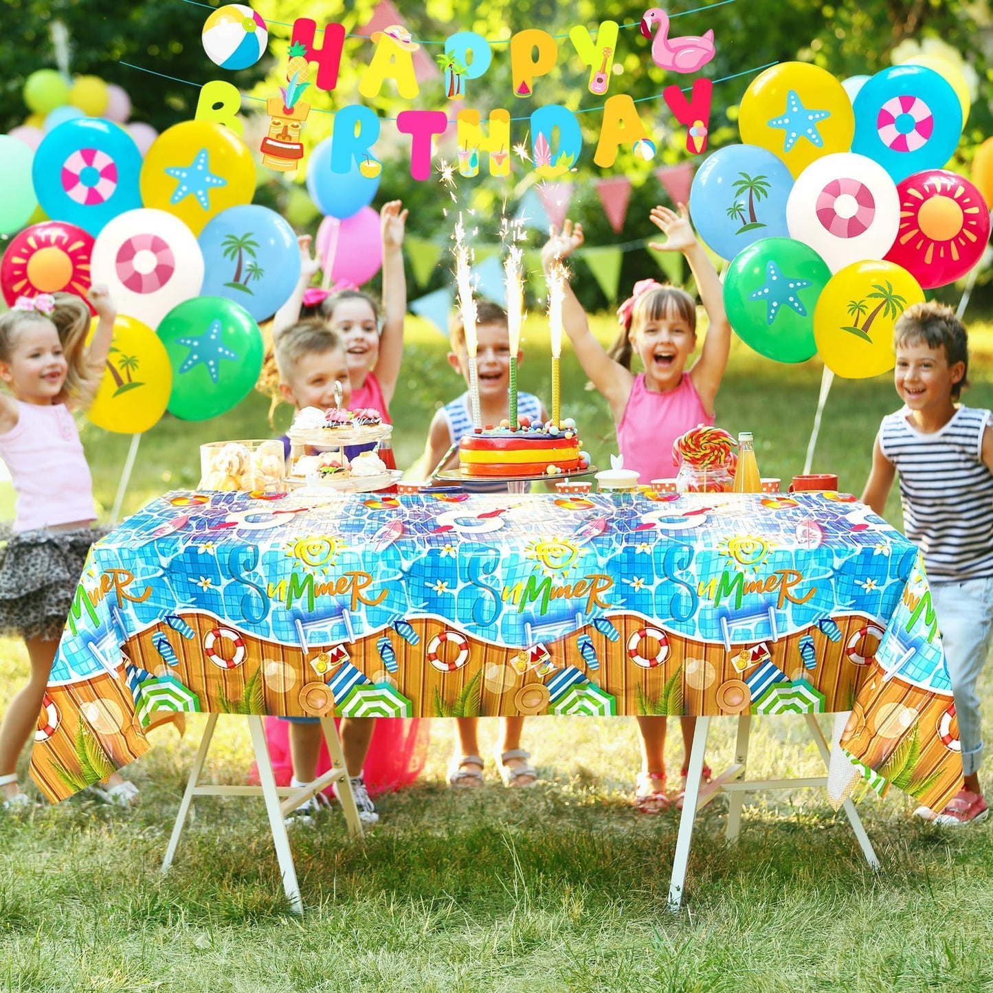 Summer Party Decotrations Pool Partys Decor Beach Theme Party Supplies Include Birthday Banner Tablecloth Balloons for Hawaiian Birthday Party