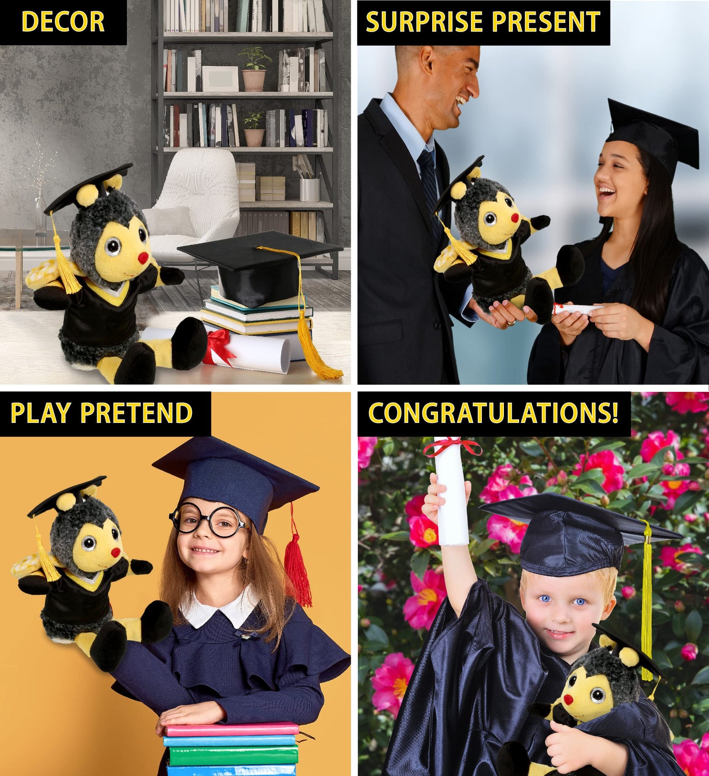 DolliBu Sitting Honeybee Graduation Plush Toy - Super Soft Graduation Stuffed Animal Dress Up with Gown and Cap with Tassel Outfit - Cute