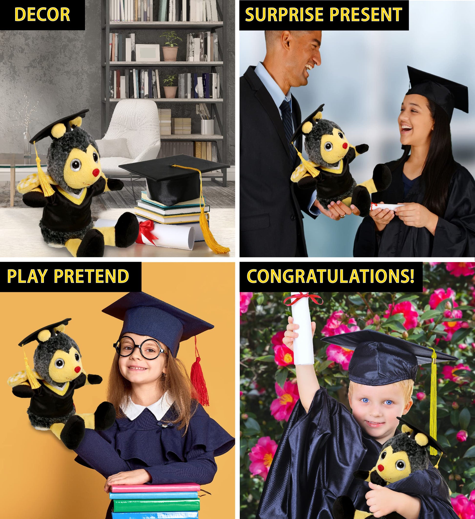DolliBu Sitting Honeybee Graduation Plush Toy - Super Soft Graduation Stuffed Animal Dress Up with Gown and Cap with Tassel Outfit - Cute