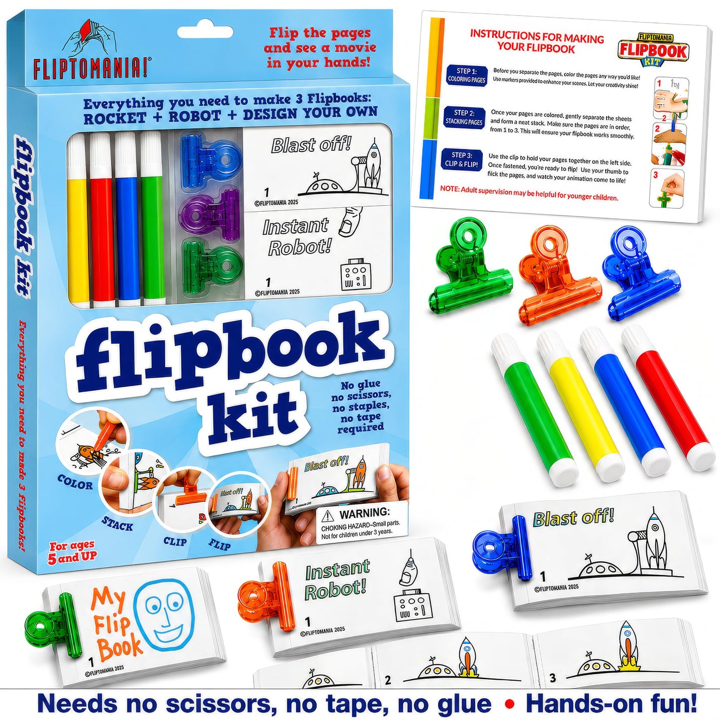 Fliptomania Flipbook Make-Your-Own Flip Book Kit for Kids 3 Pack, Rocket, Robot, & Blank DIY Flipbook Paper, Drawing Kids Arts & Crafts Project Set