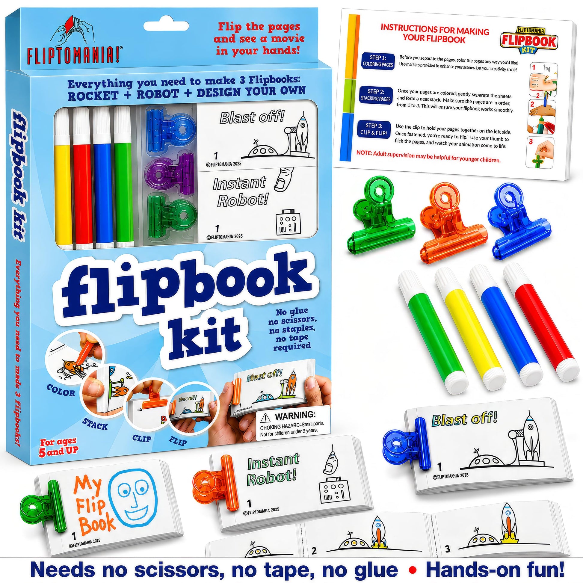 Fliptomania Flipbook Make-Your-Own Flip Book Kit for Kids 3 Pack, Rocket, Robot, & Blank DIY Flipbook Paper, Drawing Kids Arts & Crafts Project Set