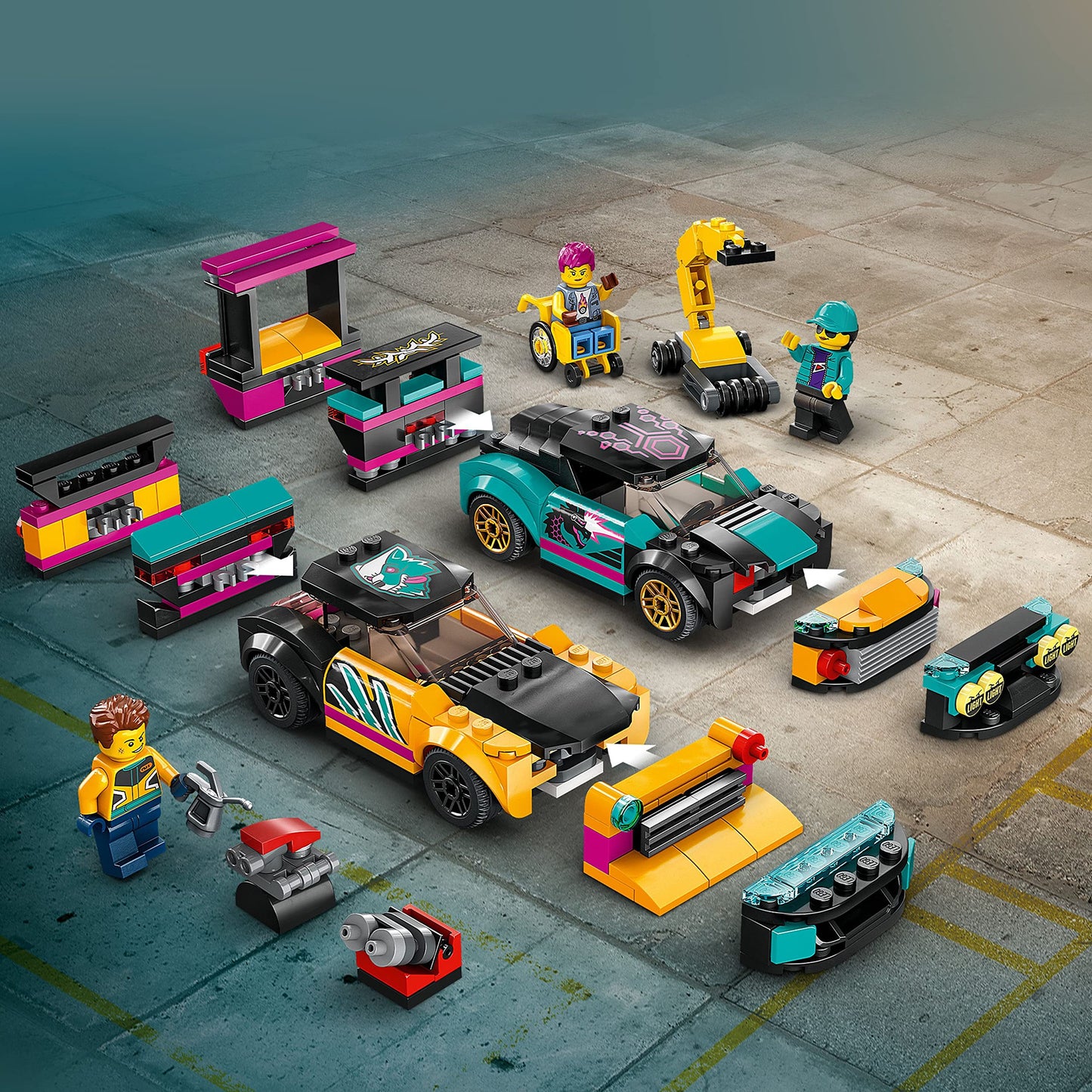 LEGO City Custom Car Garage, Toy Garage Building Set with 2 Customizable Cars, Pretend Play Mechanic Toy with 4 Mini Figures, Birthday Gift Idea for