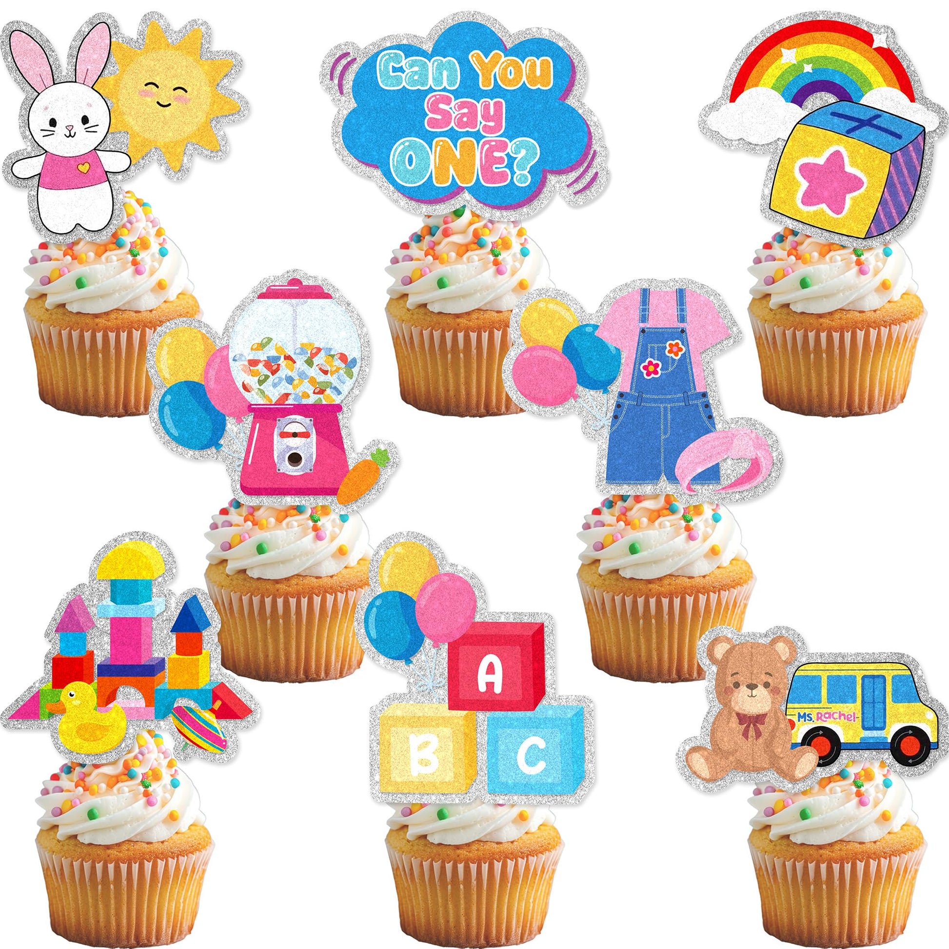 24Pcs Can You Say 1st Birthday Cupcake Toppers - Glitter Rachell Teacher Party Decorations For Rachel Cartoon English Rainbow ABC Themed One Year Old