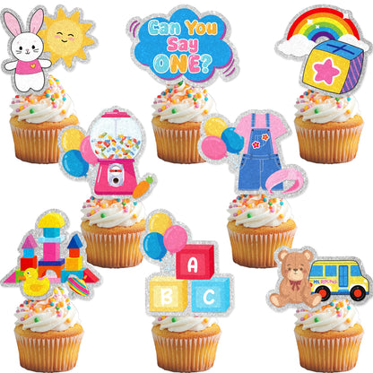 24Pcs Can You Say 1st Birthday Cupcake Toppers - Glitter Rachell Teacher Party Decorations For Rachel Cartoon English Rainbow ABC Themed One Year Old