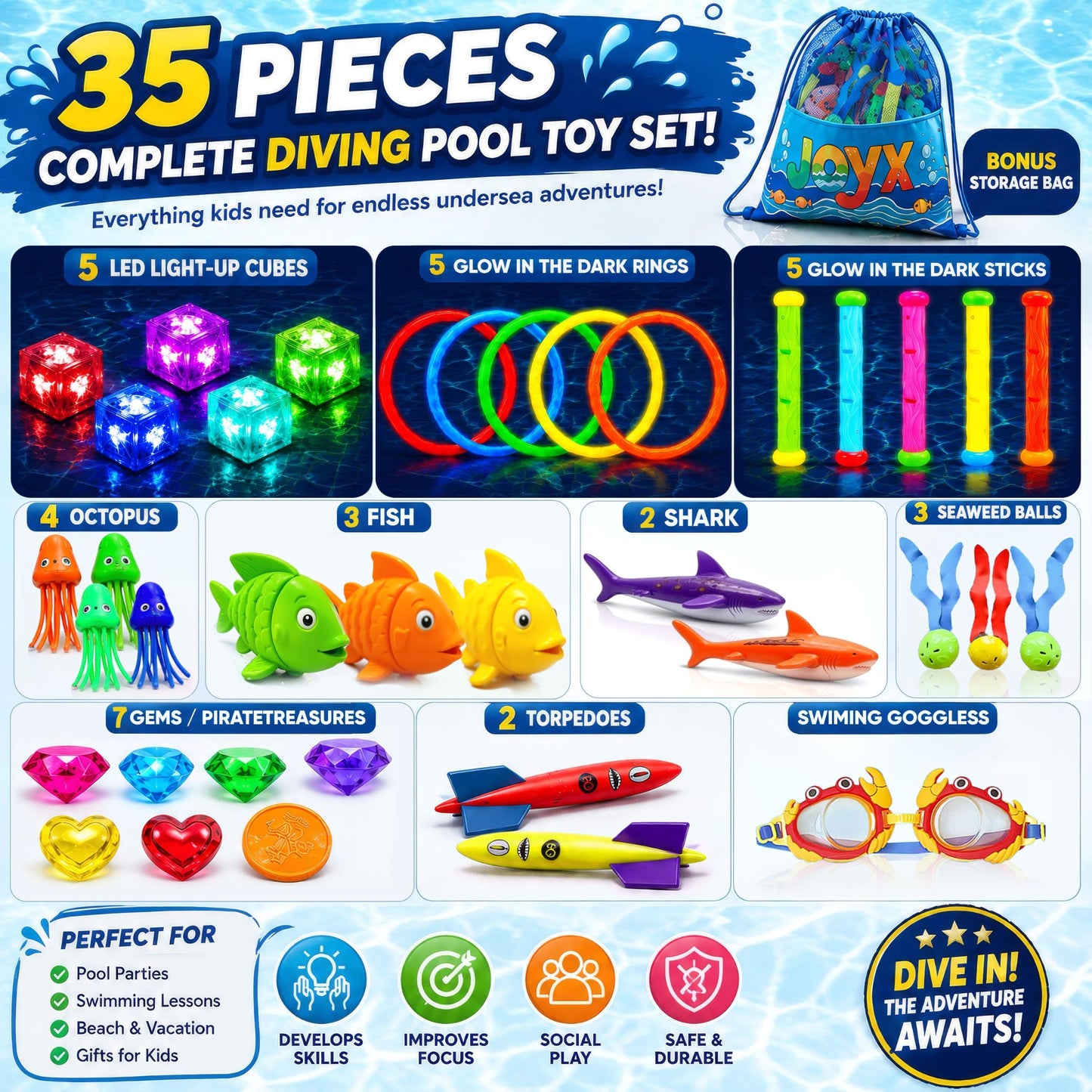 JoyX 35-Piece Glow Pool Diving Toys Set with LED Cubes, Goggles & Carry Bag