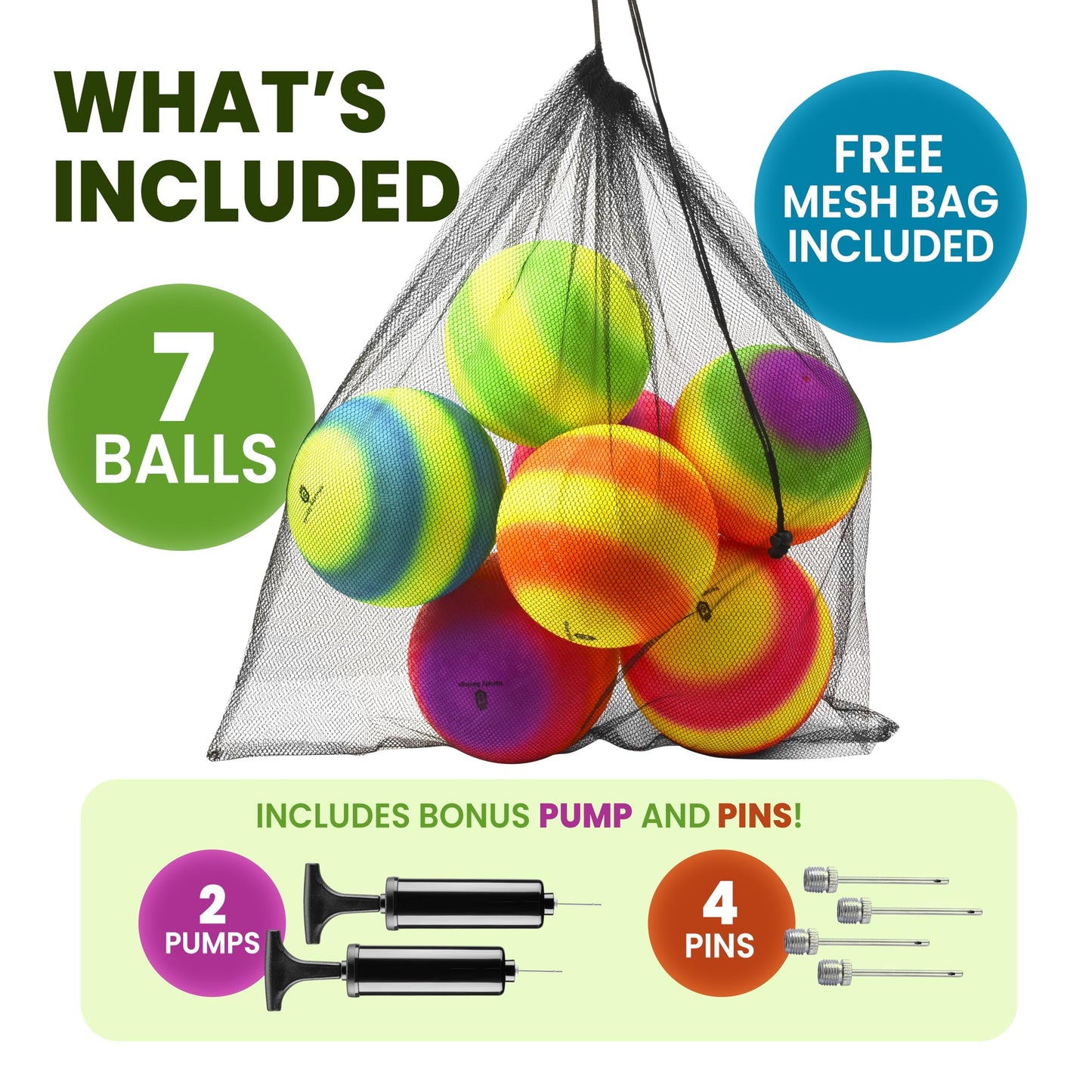 Variety Savings 7 Pack Playground Balls (8.5 Inch) - Dodgeball & Kickball Set for Kids, Includes 2 Pumps, 4 Pins, Mesh Bag - School & Outdoor Play
