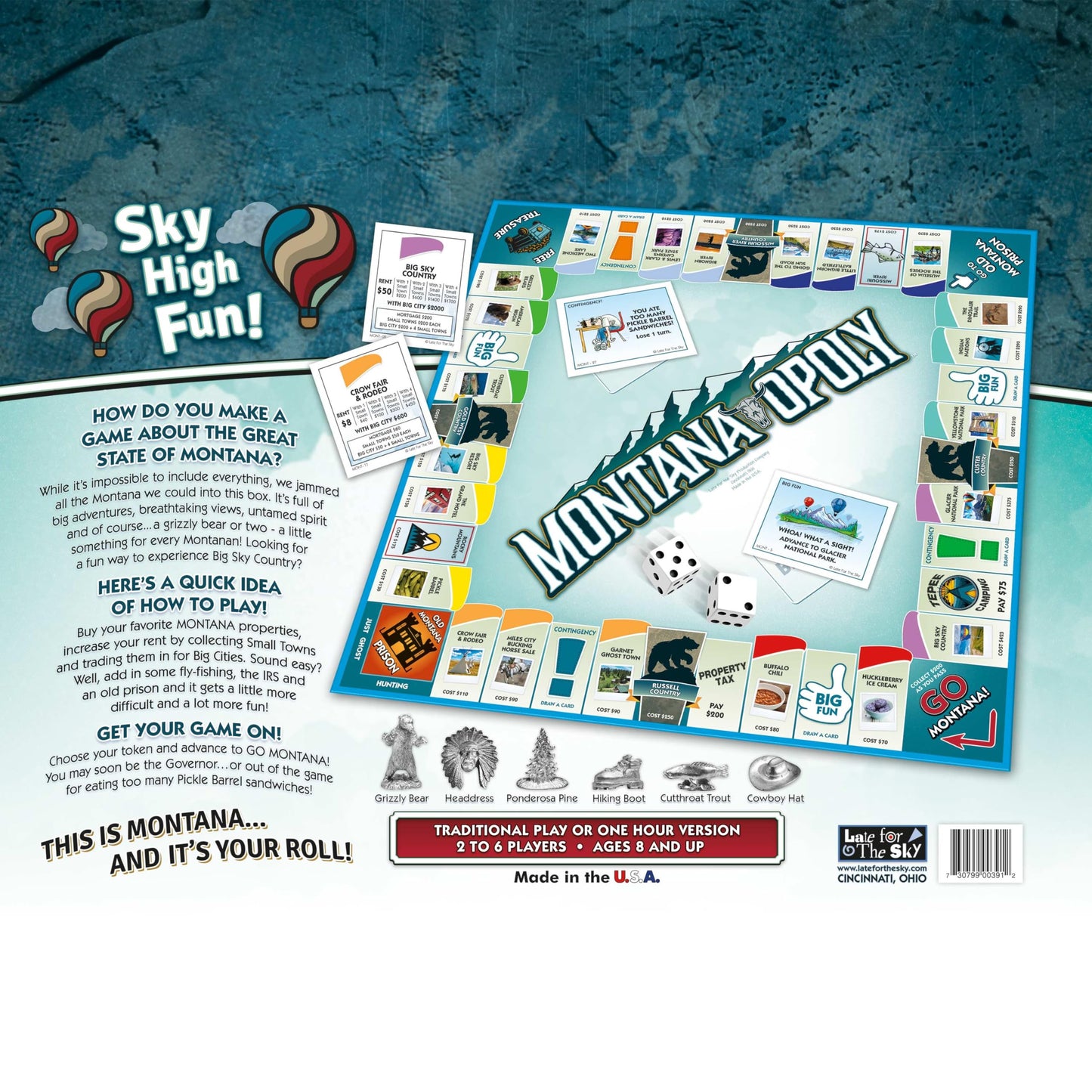 Late for The Sky Montana-Opoly Board Game, State-Themed Family Strategy Game, 2-6 Players, Ages 8+, Traditional or 1-Hour Play, Gift