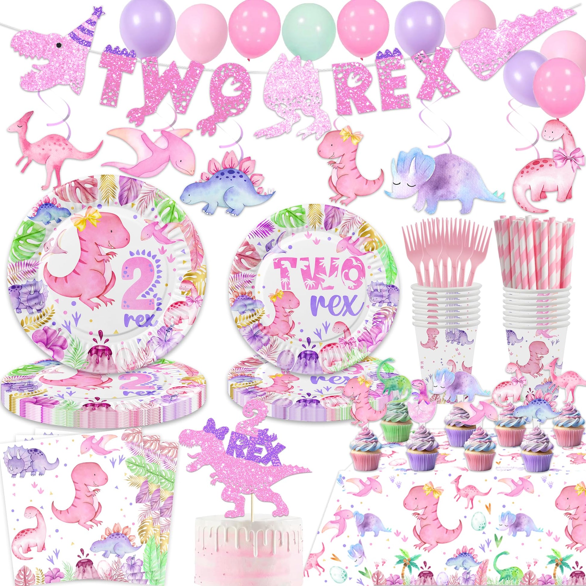 211 Pcs Dinosaur 2nd Birthday Party Supplies, Girl Dino Two Rex Birthday Decorations, 20 Serves Include Paper Plates, Cups, Napkins, Tablecloth, Cake