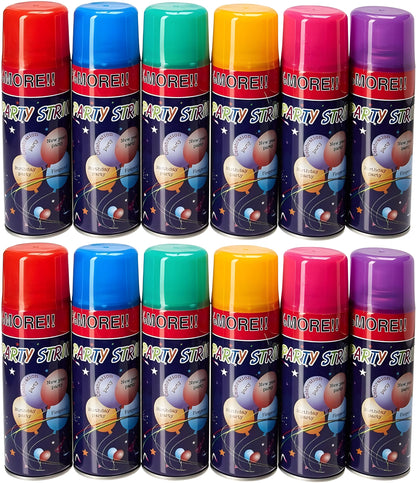 12 Pack Party String Spray (3 oz Each) - Streamer Spray in a Can, Full Color Set with 2 of Each Color, Party Supplies for Kids’ Parties, Birthdays