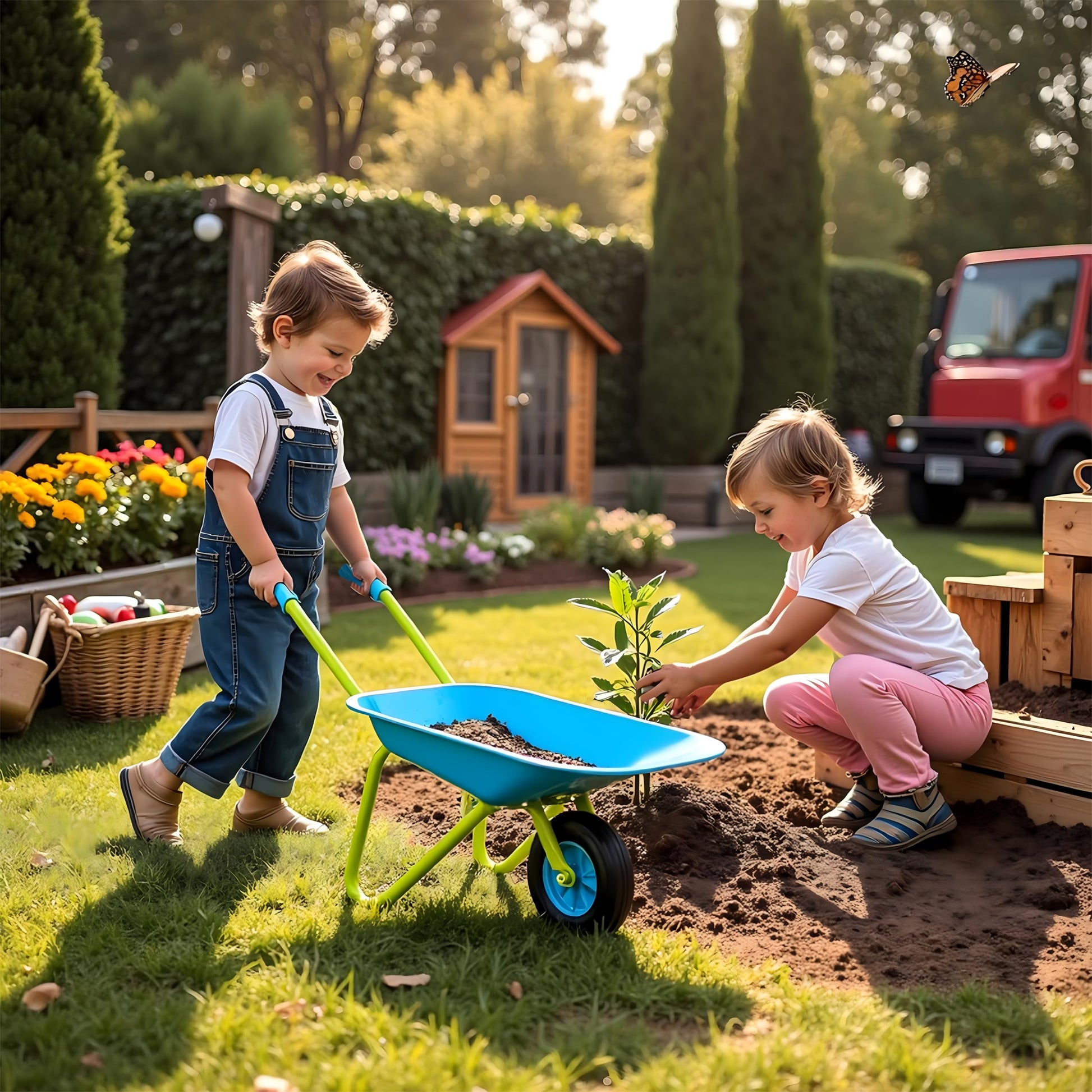 G & F Kids Metal Wheelbarrow, Child-Size Steel Garden Wheelbarrow for Toddlers & Kids, Sturdy Single-Wheel Design for Outdoor Play, Gardening