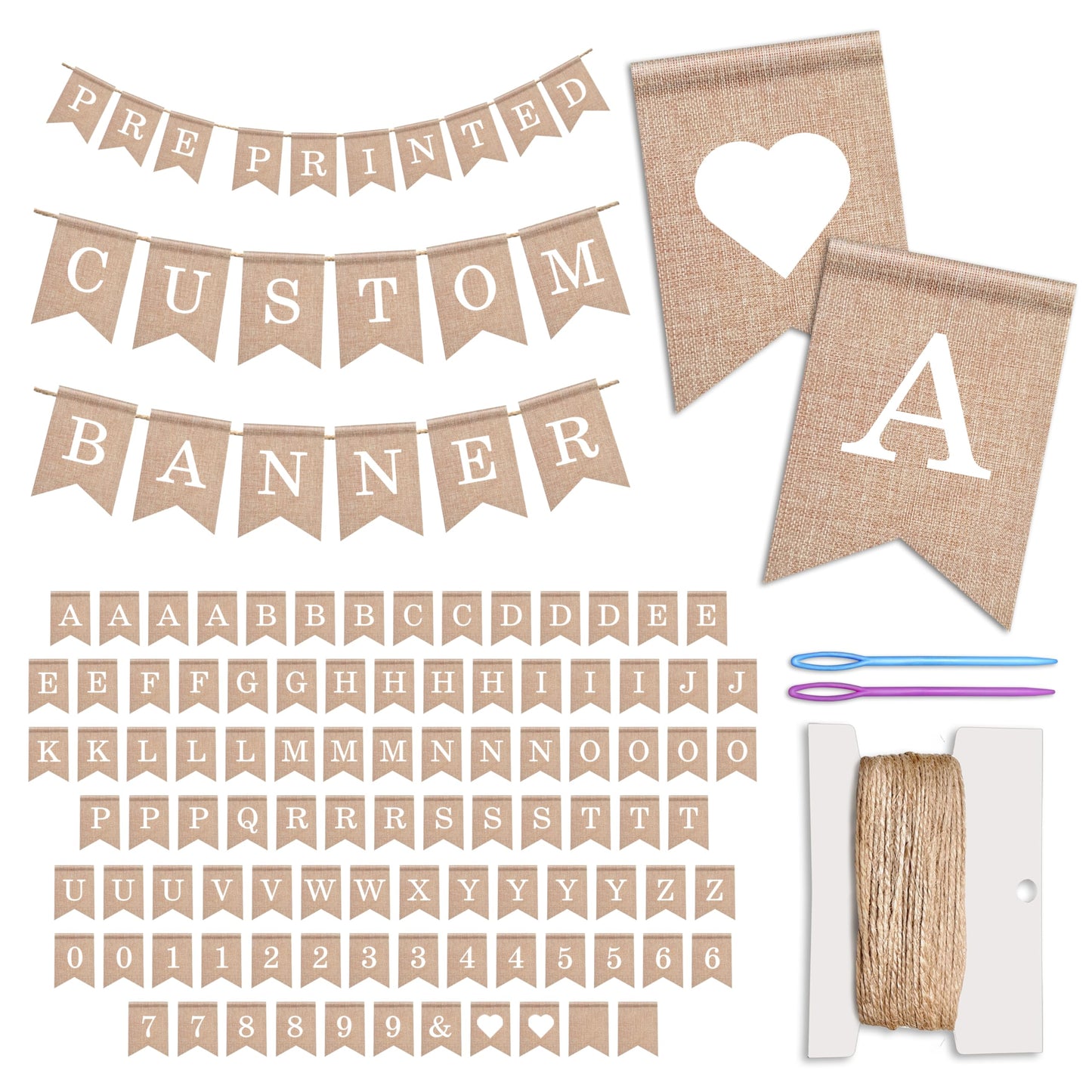 Pre-Printed Banner Kit - 97 BURLAP Flags with WHITE Letters, Numbers & Symbols, Reusable DIY Custom Banner, Make Your Own Personalized Banner