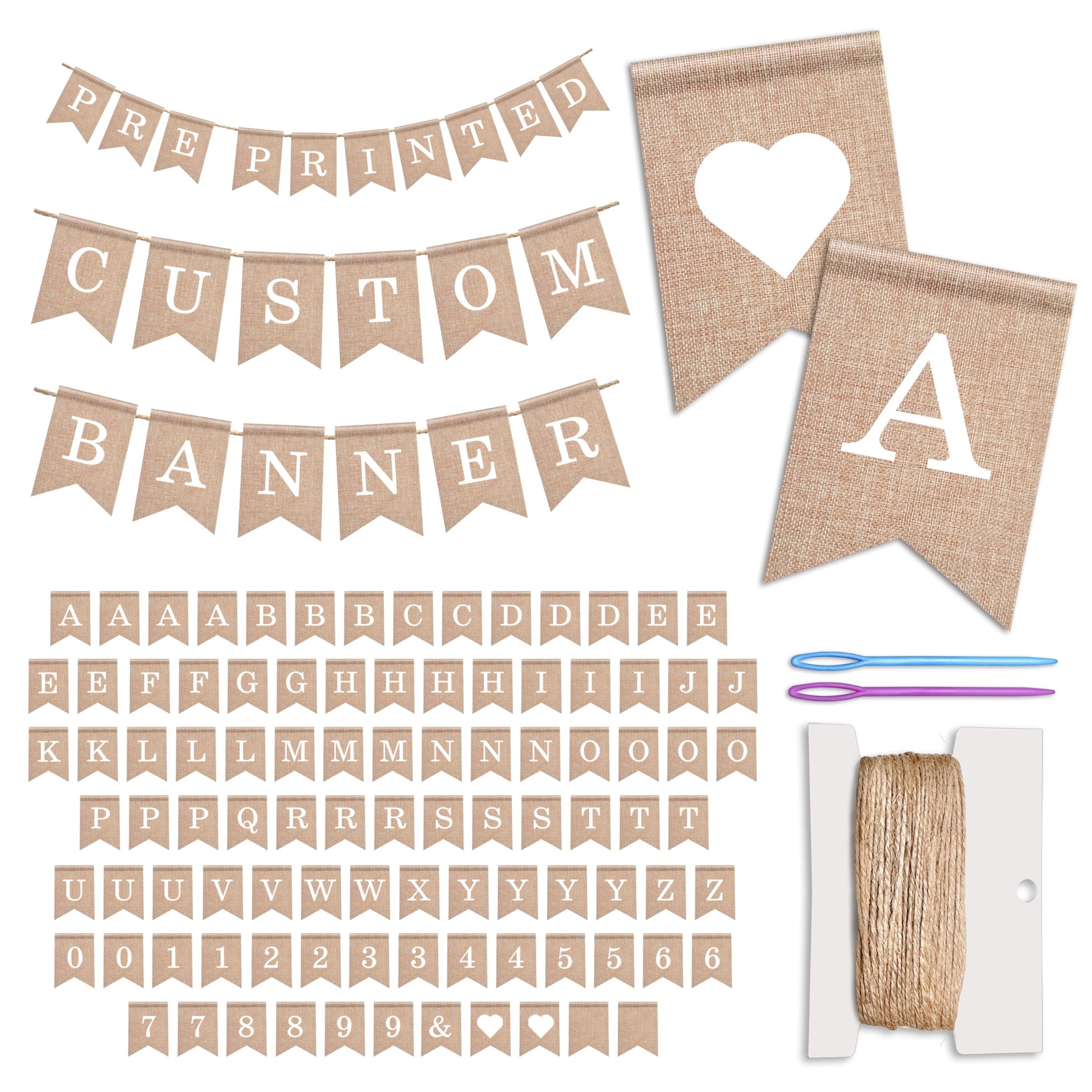 Pre-Printed Banner Kit - 97 BURLAP Flags with WHITE Letters, Numbers & Symbols, Reusable DIY Custom Banner, Make Your Own Personalized Banner