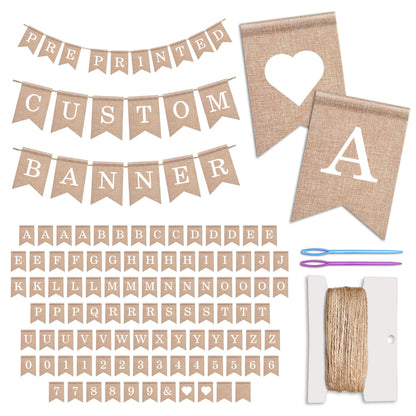 Pre-Printed Banner Kit - 97 BURLAP Flags with WHITE Letters, Numbers & Symbols, Reusable DIY Custom Banner, Make Your Own Personalized Banner