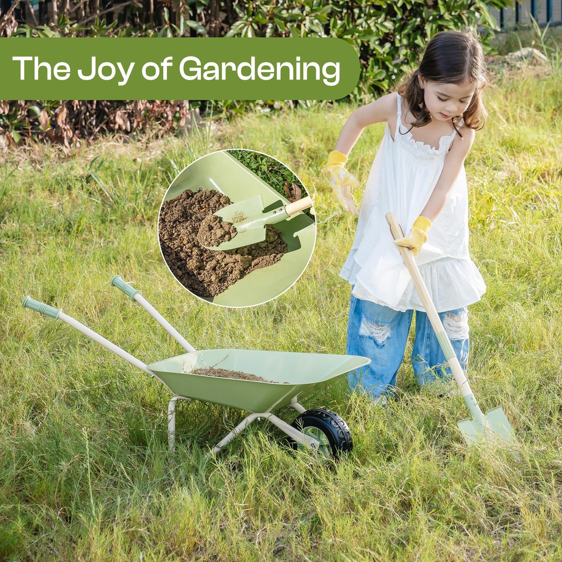 ROBOTIME Kids Wheelbarrow Set, 5PCS Kids Gardening Tool Set with Metal Toy Wheelbarrow, Shovel, Hoe, Broom & Gloves, Outdoor Yard Play for Planting