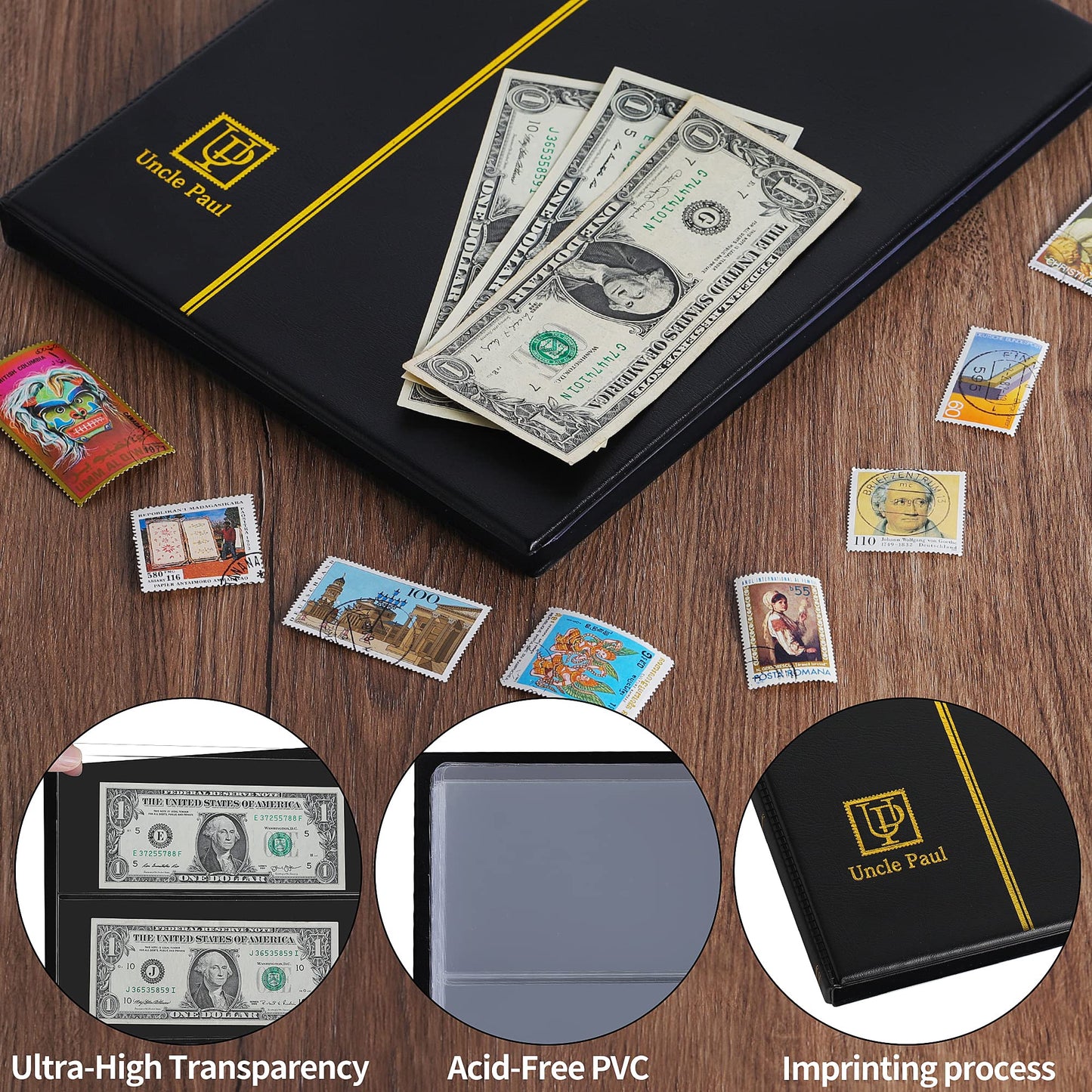 60 Pockets Currency Album - Banknotes Collecting Holder Leatherette Hard Cover Storage Book with Protective Case for Paper Folding Money Dollars Bills