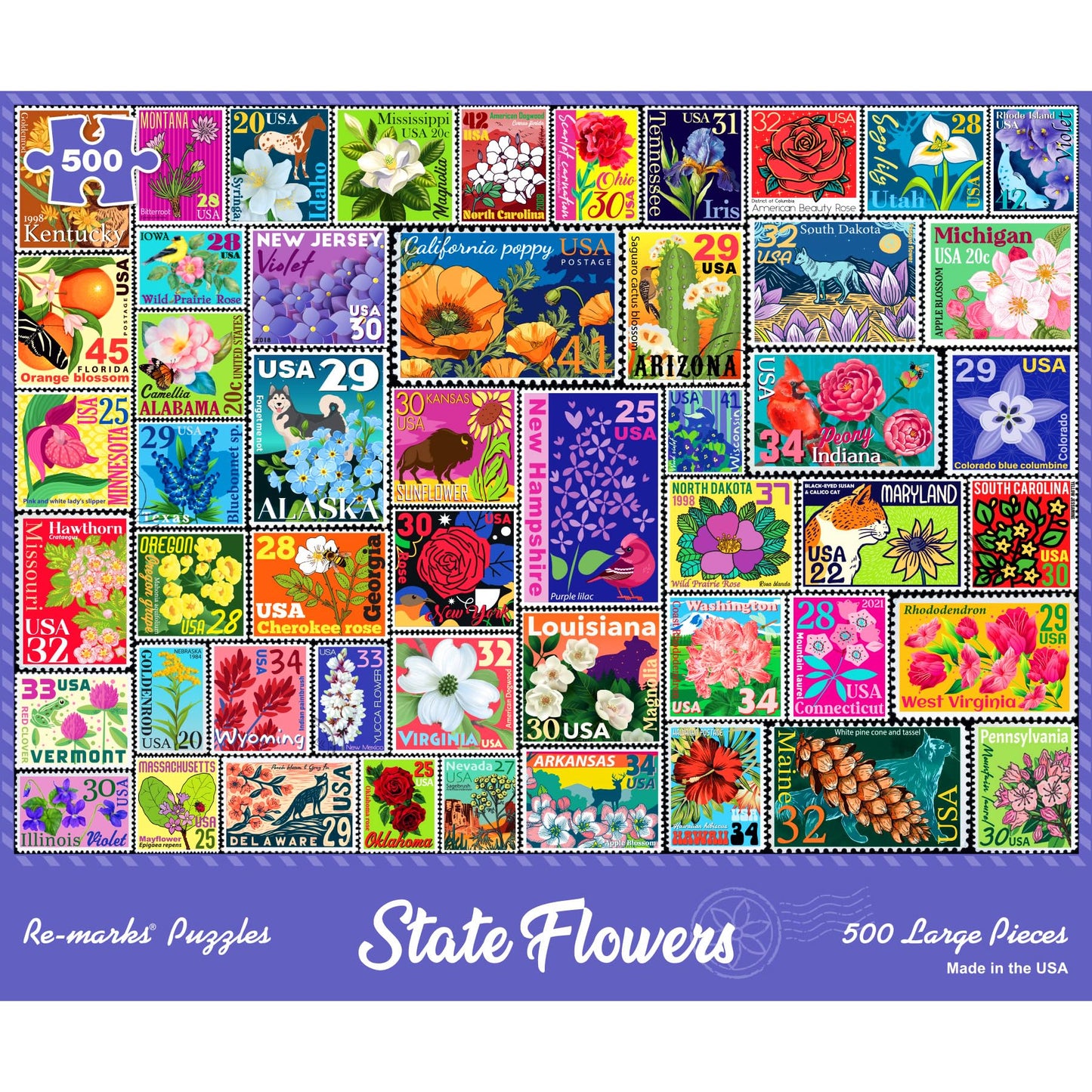 Re-marks State Flowers Stamp Collage Jigsaw Puzzle, 500 Large Piece Jigsaw Puzzle for All Ages