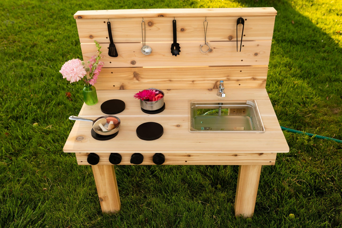 Noble Toys Mini Mud Kitchen with Functional Stovetop Sink for Kids | Pretend Play Toddler Table with Running Water | Outdoor Playset Working Sink |