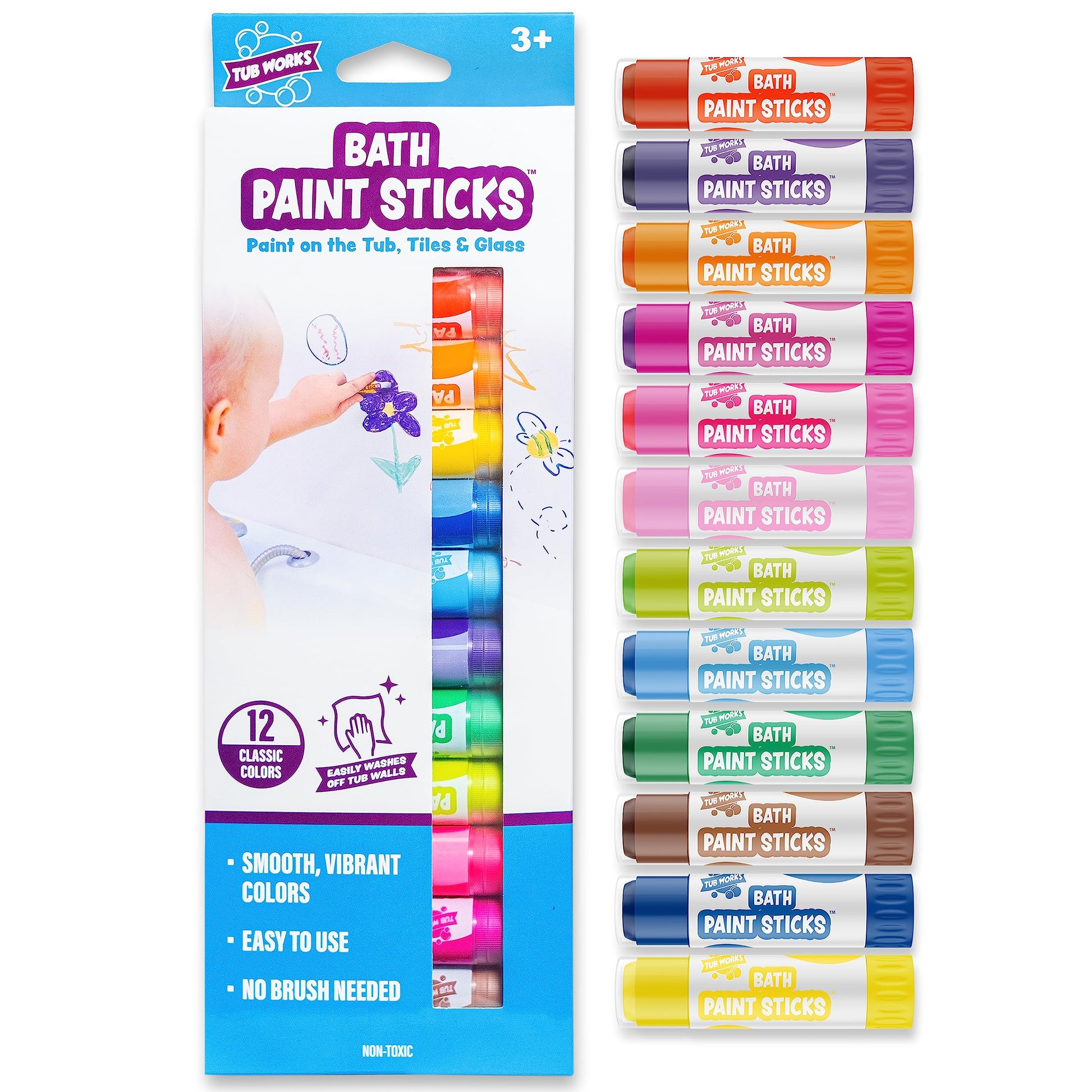 Tub Works® Bath Paint Sticks™ Bath Toy, 12 Count | Nontoxic, Washable Bathtub Paint for Kids & Toddlers | Twistable Sticks Draw Smoothly on Tub Walls