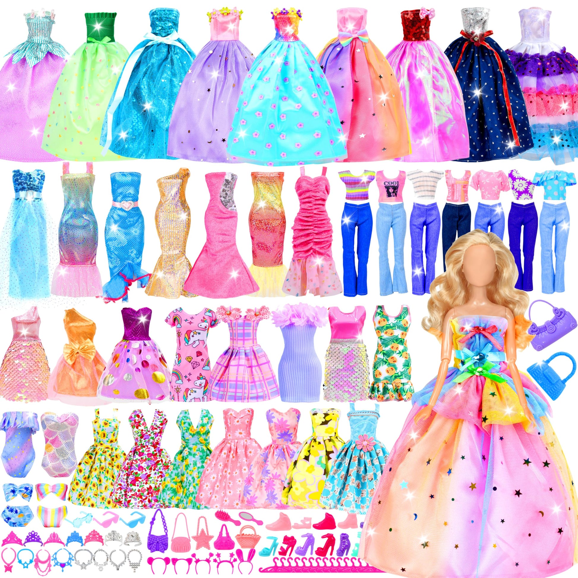 82 Pack Doll Clothes and Accessories - 2 Princess Dresses 1 Evening Dresses 5 Fashion Dresses 2 Tops 2 Pants 2 Bikini Swimsuits 20 Shoes 48