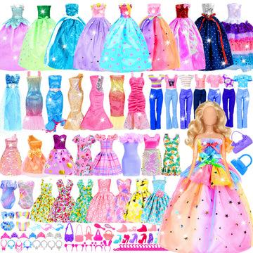 82 Pack Doll Clothes and Accessories - 2 Princess Dresses 1 Evening Dresses 5 Fashion Dresses 2 Tops 2 Pants 2 Bikini Swimsuits 20 Shoes 48