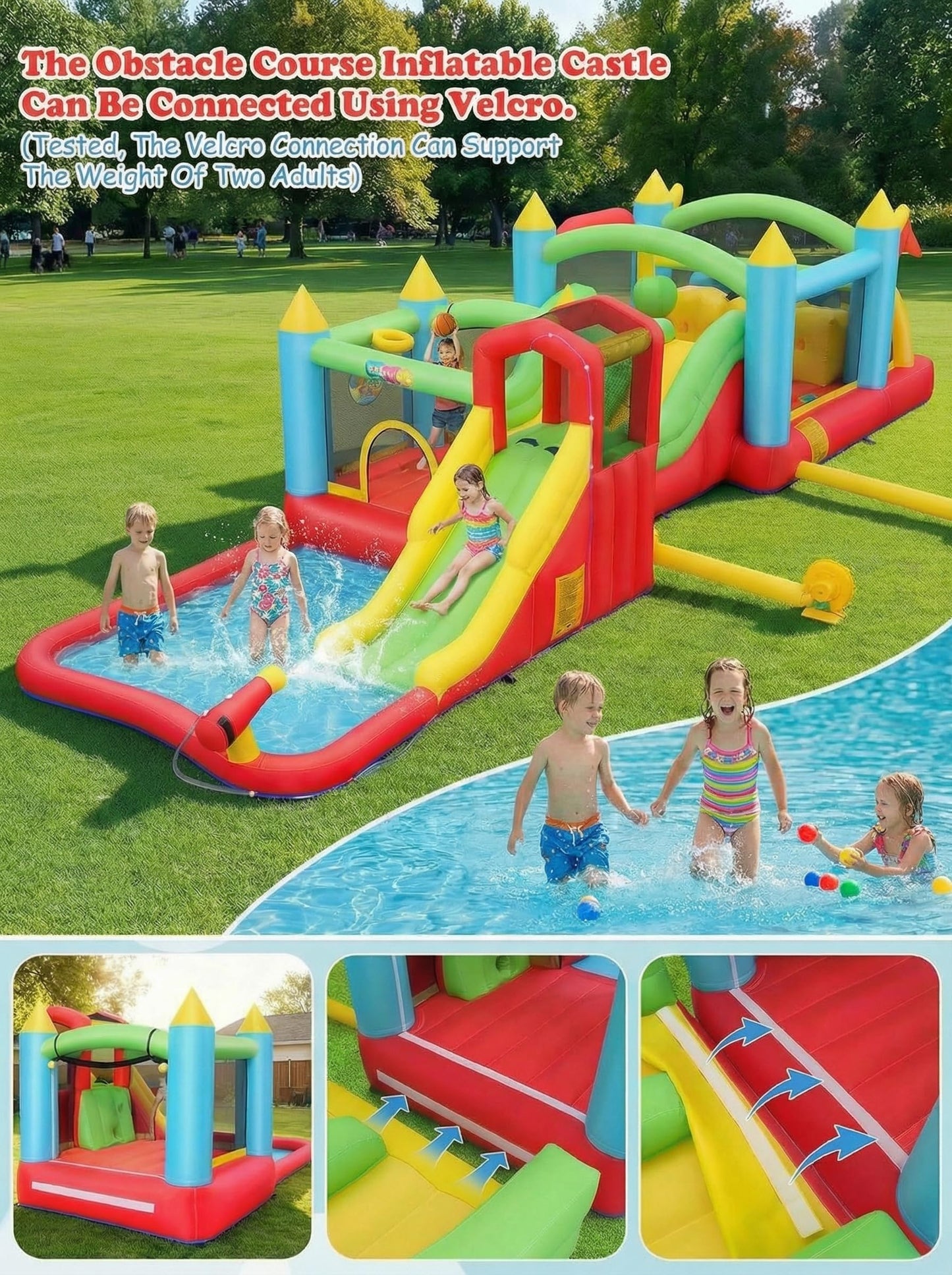 Giant 29FT Wate Slide Bounce House Detachable (15.3+13.5FT) Combo, Obstacle Course & Waterslide, Tunnel/Jumping Area/Spalish Pool, Bouncy Castle
