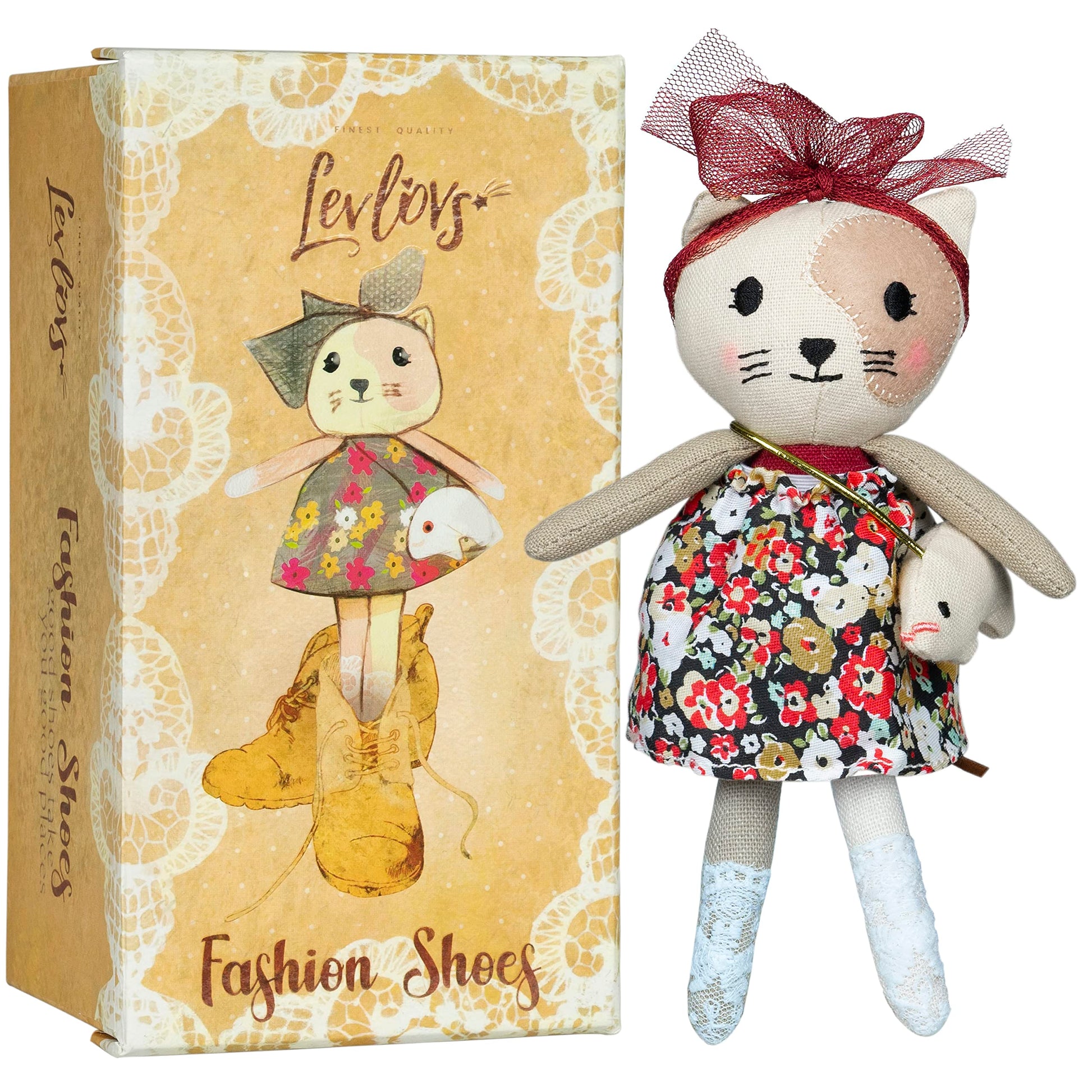 LEVLOVS Cat in shoebox with Mouse Purse Linen Doll