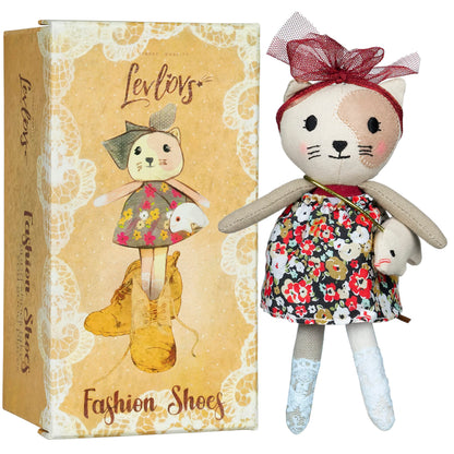 LEVLOVS Cat in shoebox with Mouse Purse Linen Doll