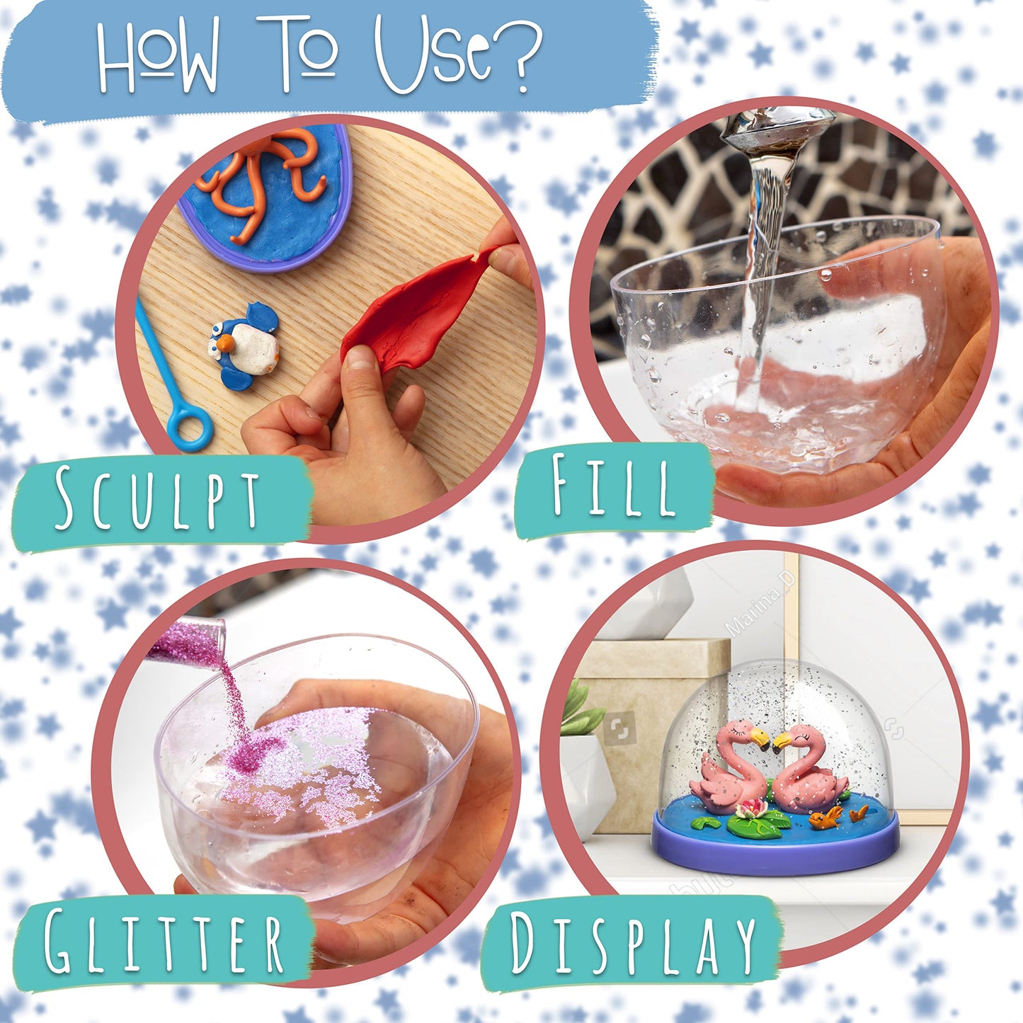 Kipipol Snow Globe Making Kit for Kids - Make Your Own Snow Globes for Girls w/ 4 DIY Snowglobe, 5 Figures, 20 Packs of Modeling Clay for Kids