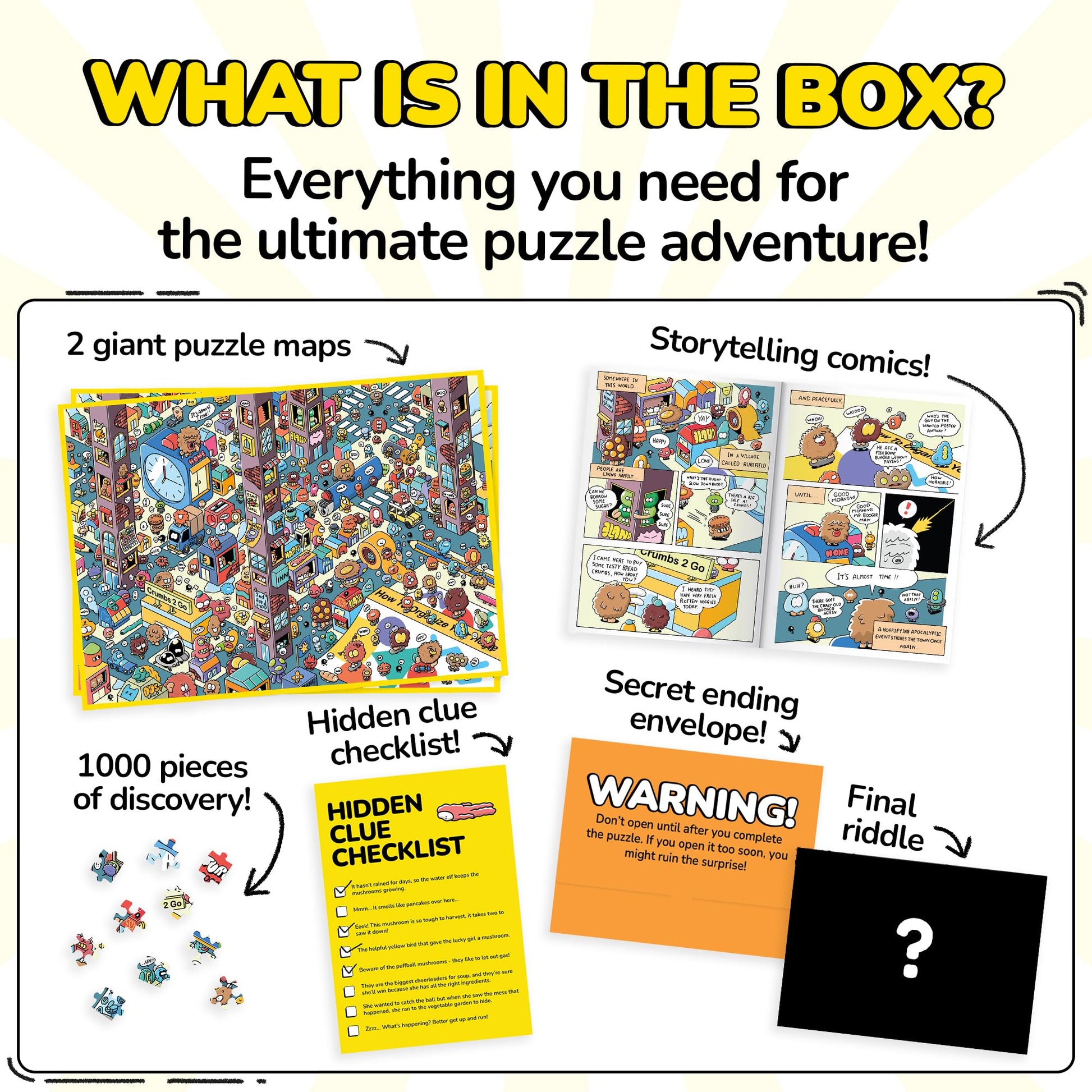 Odd Pieces Jigsaw Puzzles 1000 Pieces with Storytelling Comics, for Women, White Elephant, Mystery Puzzle for Adults & Kids - 19.7'' x 27.6''