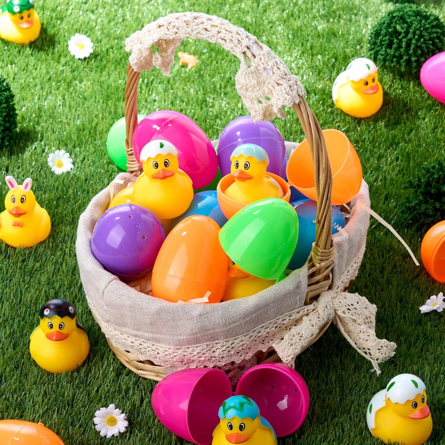 JOYIN 24 Pcs Prefilled Easter Eggs with Rubber Ducks, Variety Duckies for Easter Egg Hunt, Kids Basket Stuffer, Bath Toy Party Favors, Classroom Prize