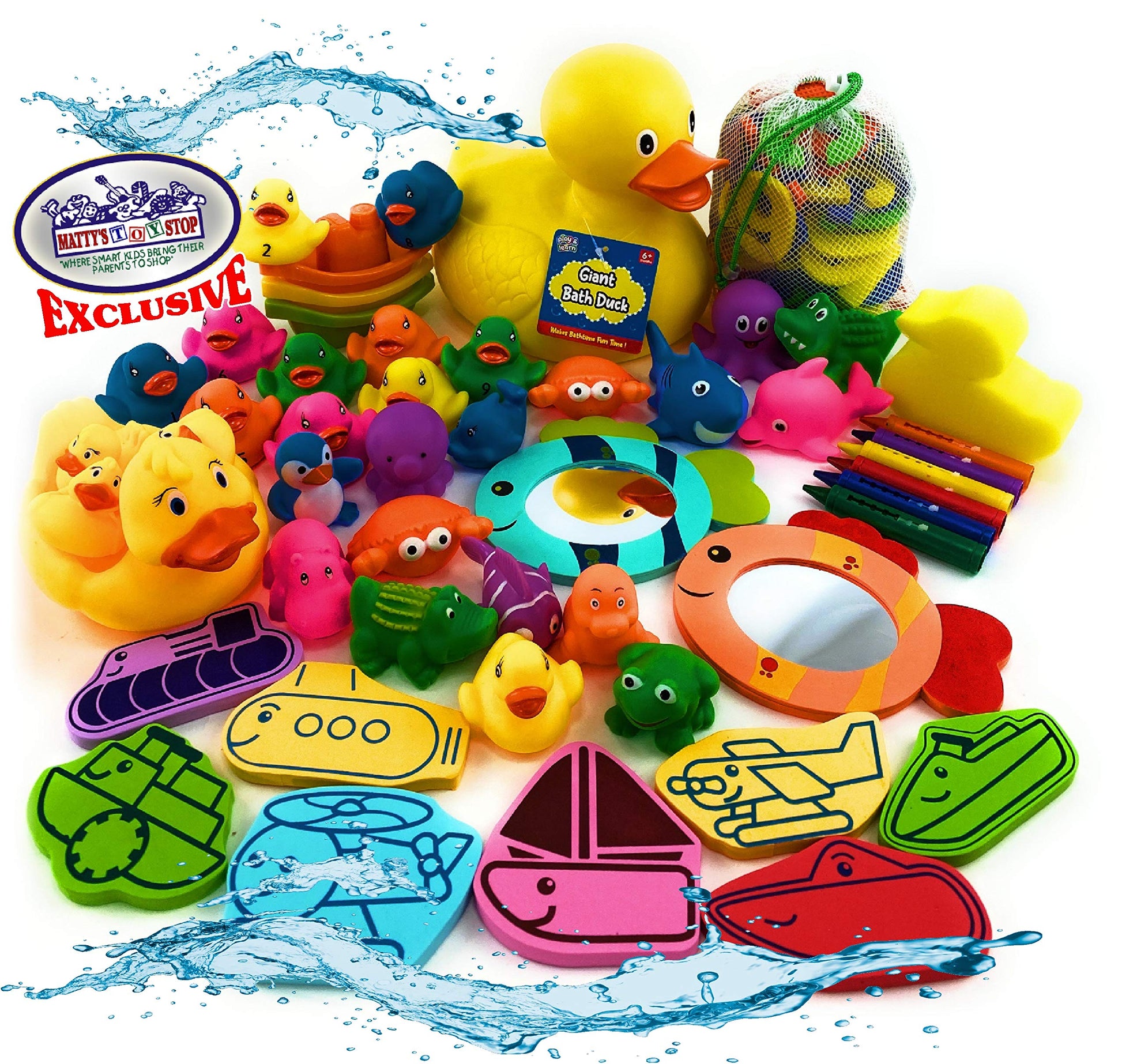 M?tty's Toy Stop 119pcs Ultimate Bath Toys Set Featuring Giant Rubber Duck, Bath Stickers, Mirrors, Crayons, Sponge, Mini Animals, Medium Animals