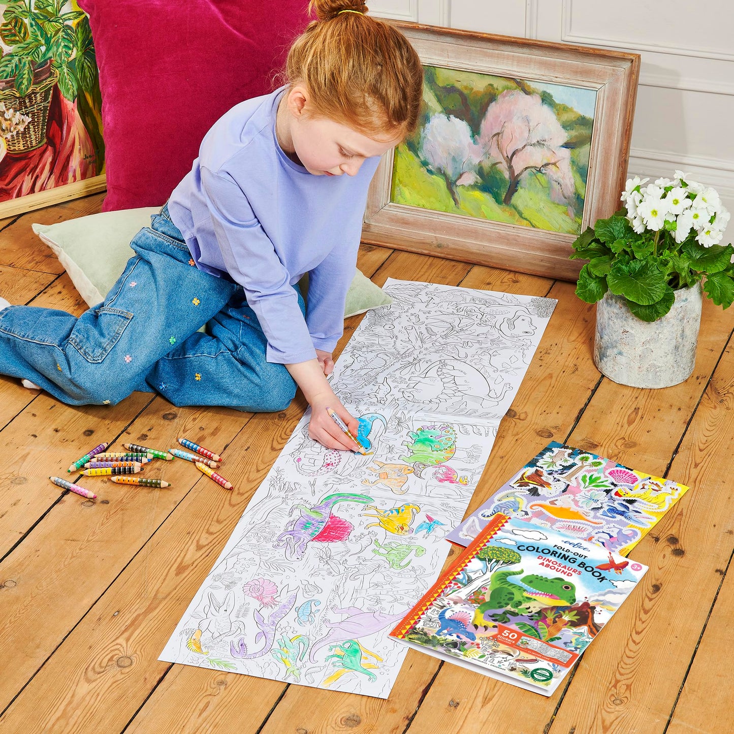eeBoo: Dinosaurs Abound Fold-Out Coloring Book - 39" of Coloring Space, 50 Stickers, Screen-Free Activity for Kids Ages 3 and up