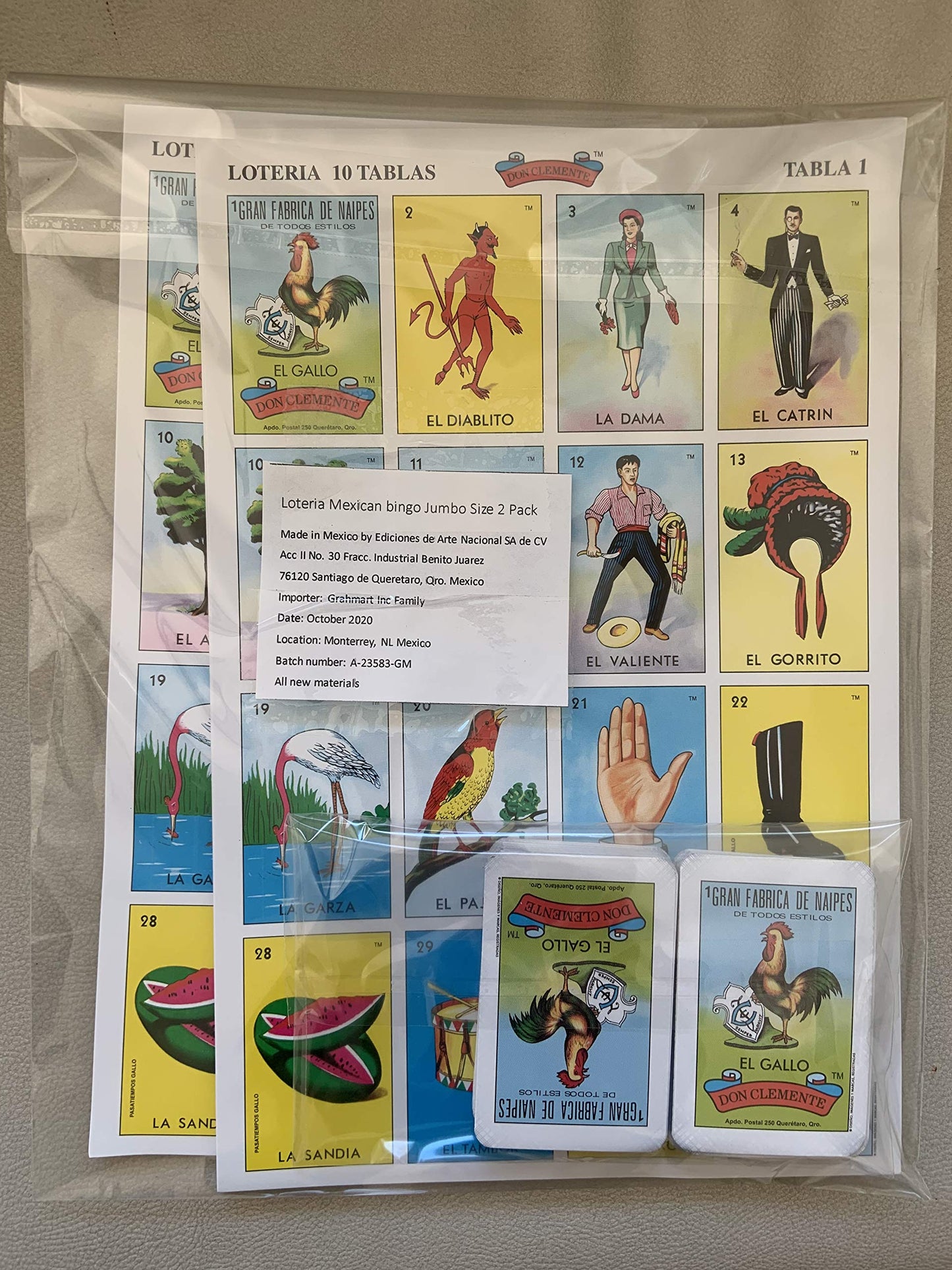 Pack of 2 Don Clemente Mexican Jumbo Loteria Set, 20 Large Boards and 2 Decks of Cards Loteria Mexicana Jumbo paquete de 20 Tablas