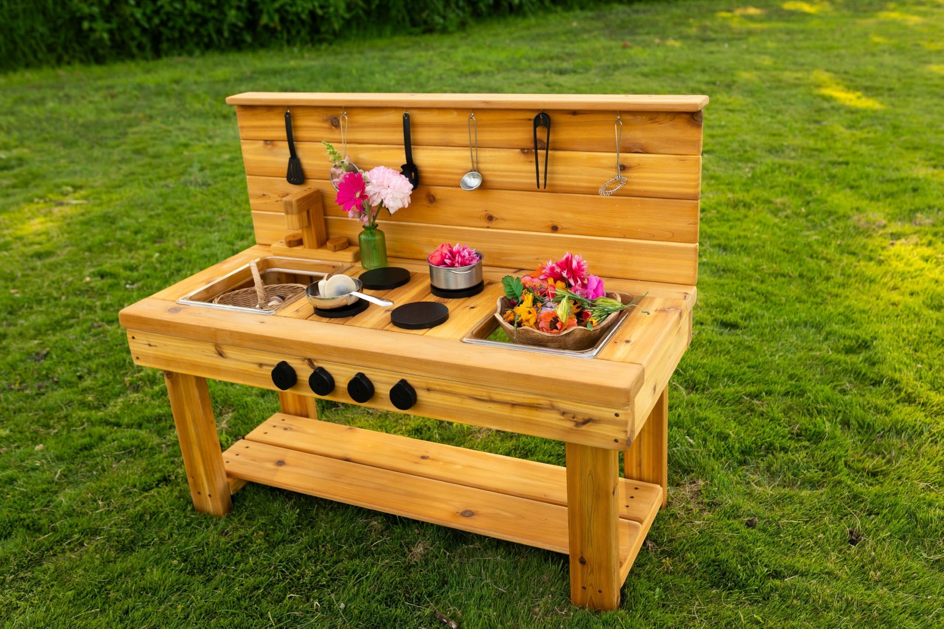 Noble Toys XL Cedar Outdoor Mud Kitchen Centered with Backsplash and Stovetop for Toddlers Kids | Pretend Play Table | Sensory Table | Outside Playset