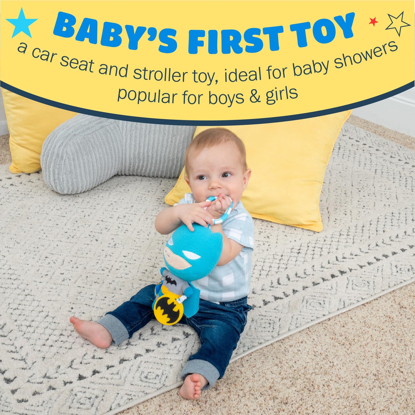Kids Preferred DC Comics The Batman Multi Sensory Activity Toy with Teethers, Crinkle Textures, and Clip for On The Go Fun for Infant and Baby Boys