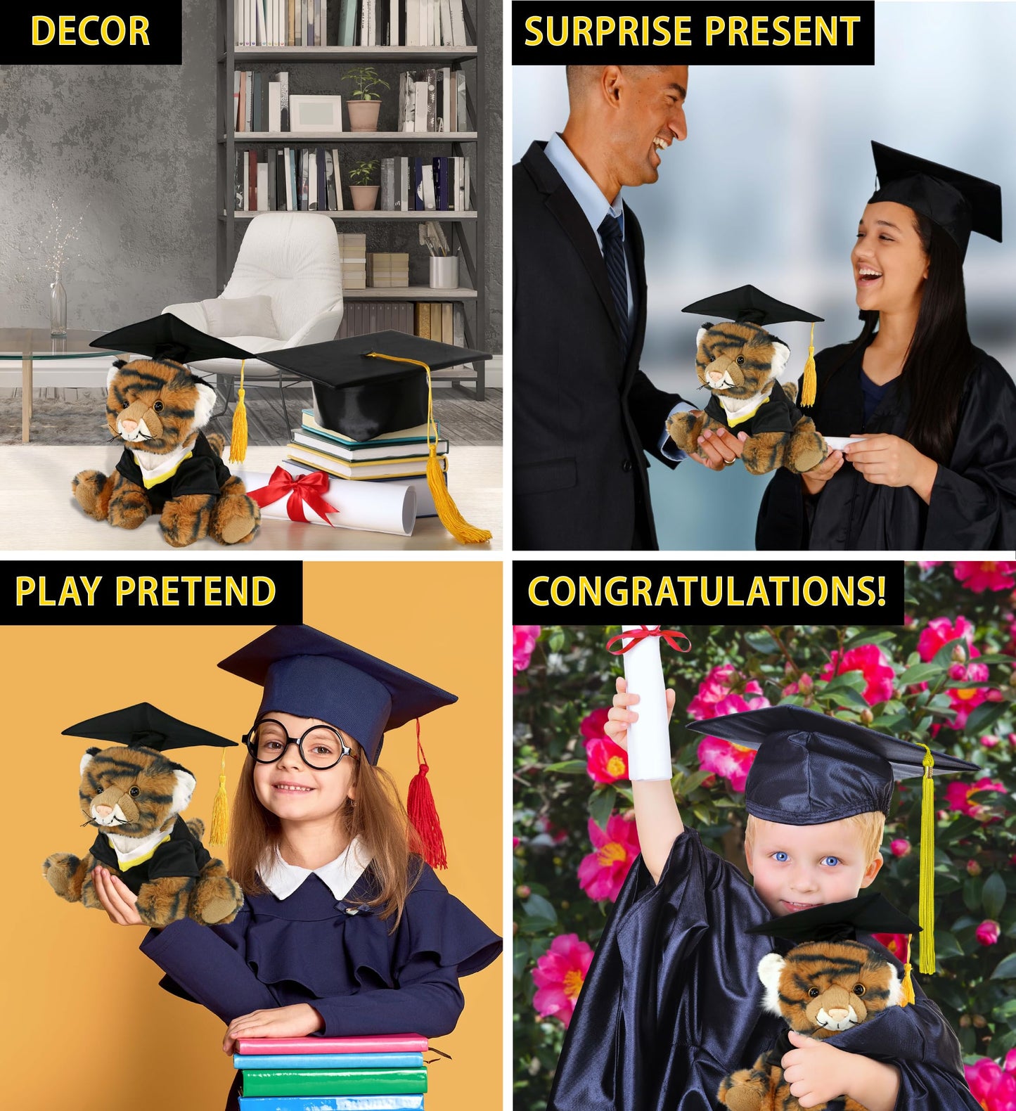 DolliBu Squat Tiger Graduation Plush Toy - Soft Tiger Plush Graduation Stuffed Animal Dress Up with Gown and Cap with Tassel Outfit - Gift